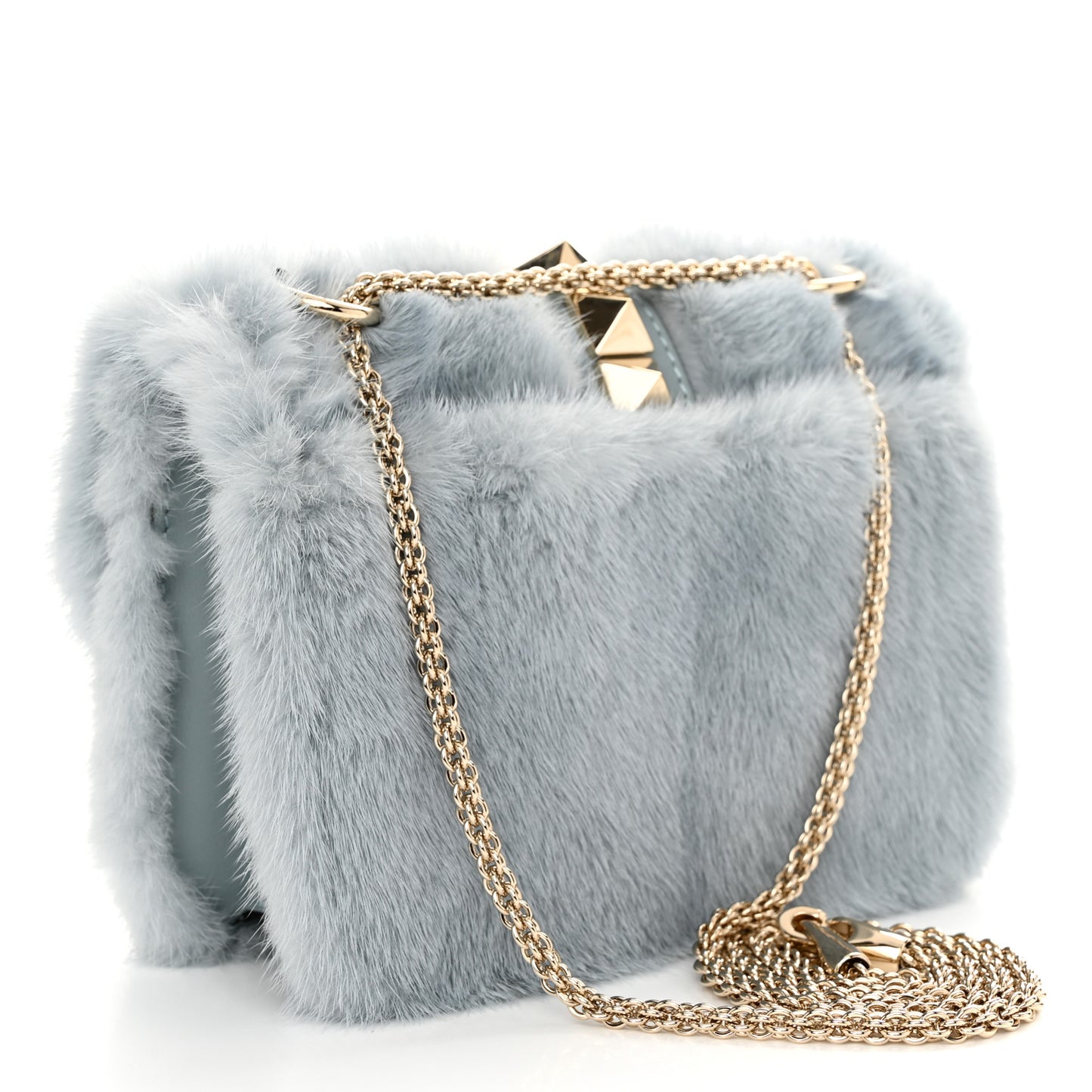 Mink Fur Small Glam Lock Rockstud Flap Light Blue