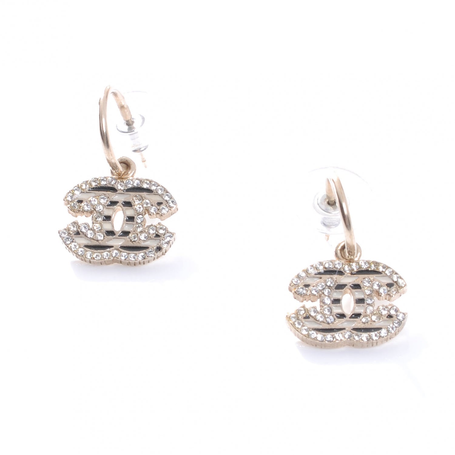 Chanel Crystal CC Enamel Striped Dangle Earrings Gold 1 of 5