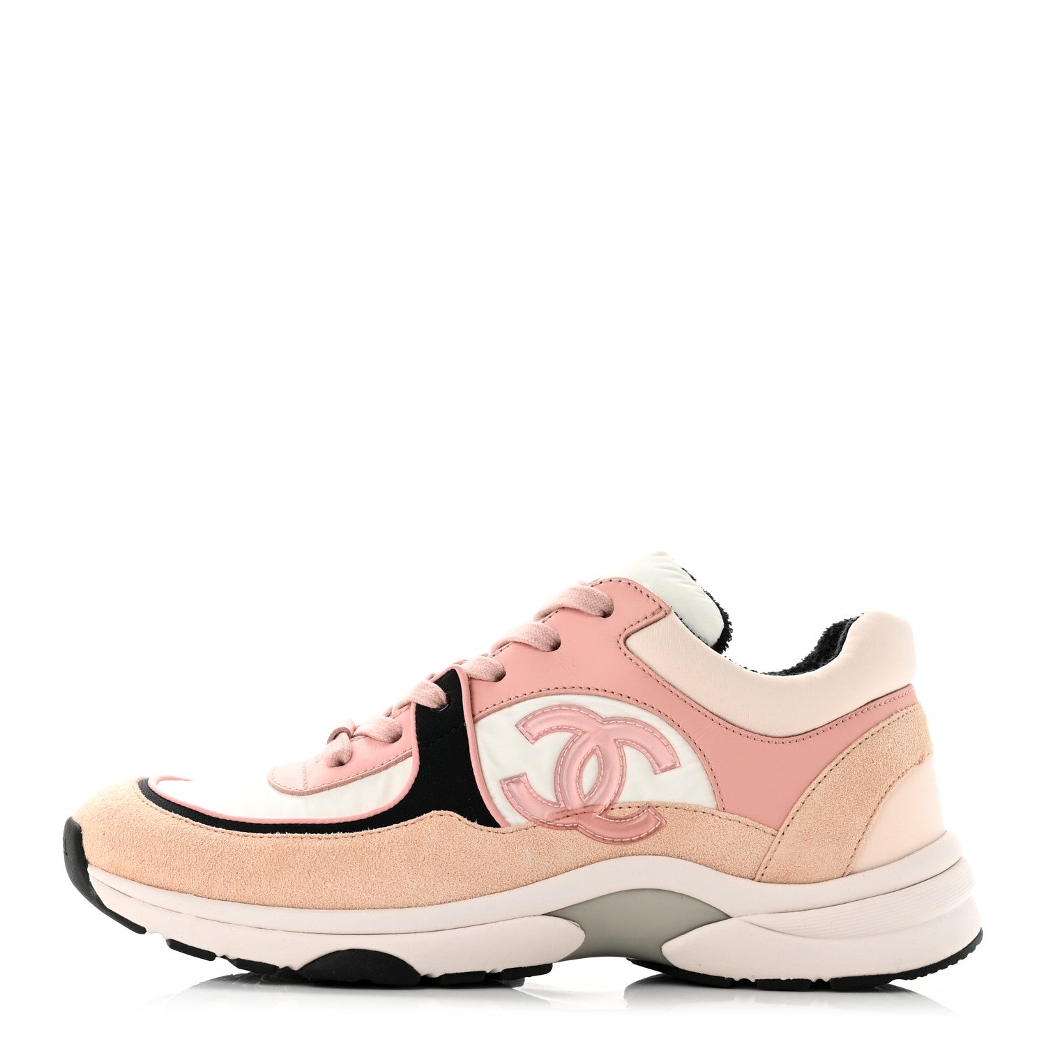 Chanel Nylon Lambskin Suede Calfskin CC Sneakers 38.5 Pink White Black 1 of 7