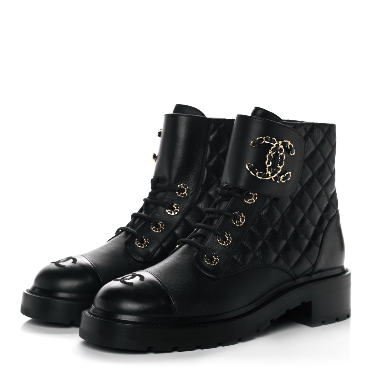Shiny Goatskin Calfskin Quilted Lace Up Combat Boots 40 Black