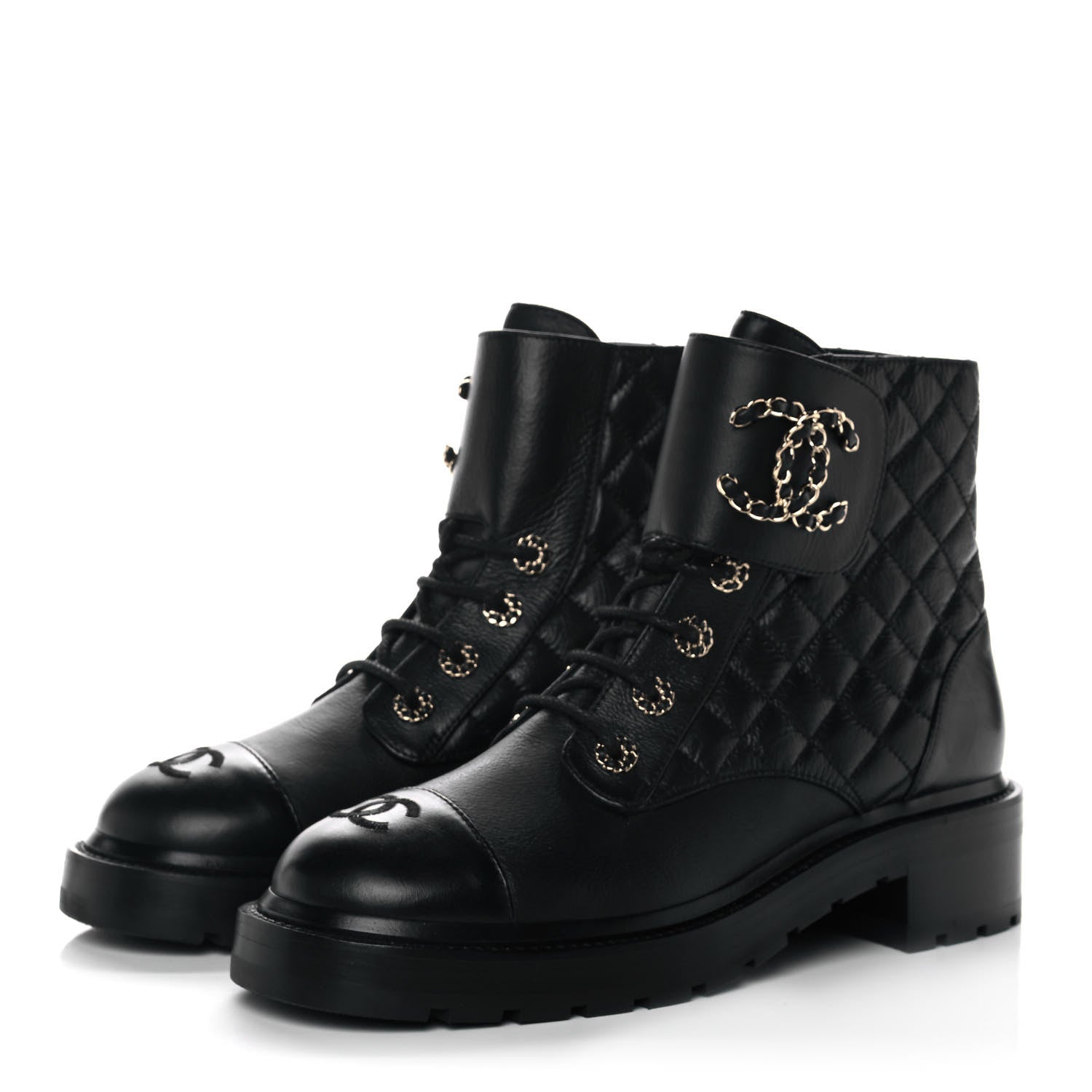 Chanel Shiny Goatskin Calfskin Quilted Lace Up Combat Boots 40 Black 5 of 20