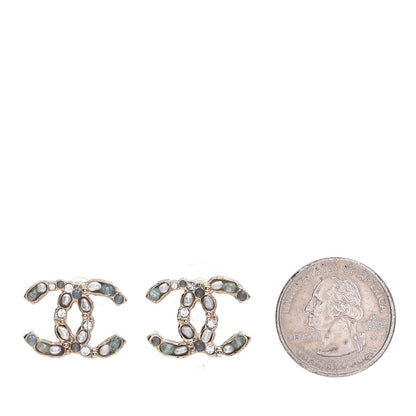 Chanel Crystal Pearl CC Earrings Light Gold Blue 2 of 5