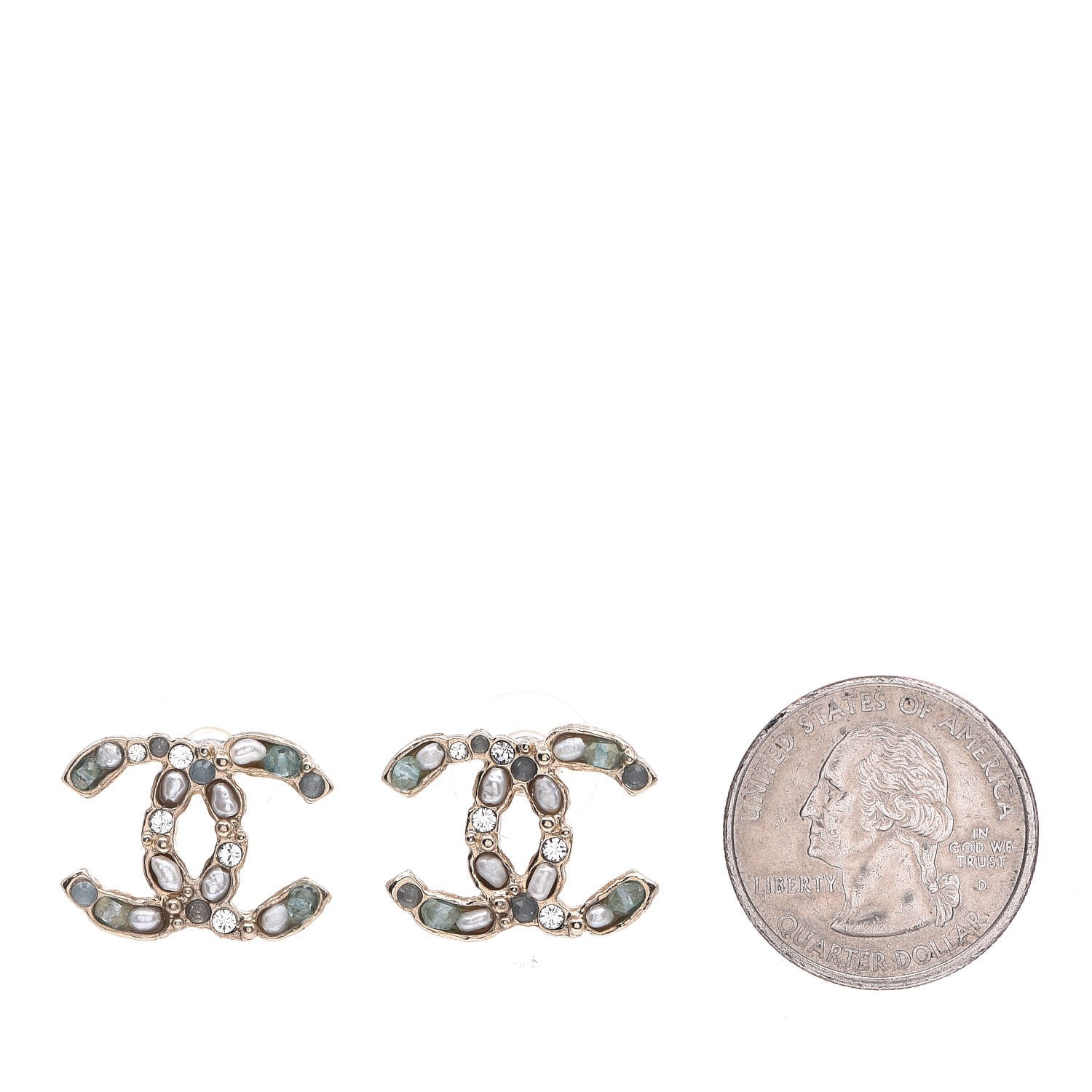 Chanel Crystal Pearl CC Earrings Light Gold Blue 2 of 5
