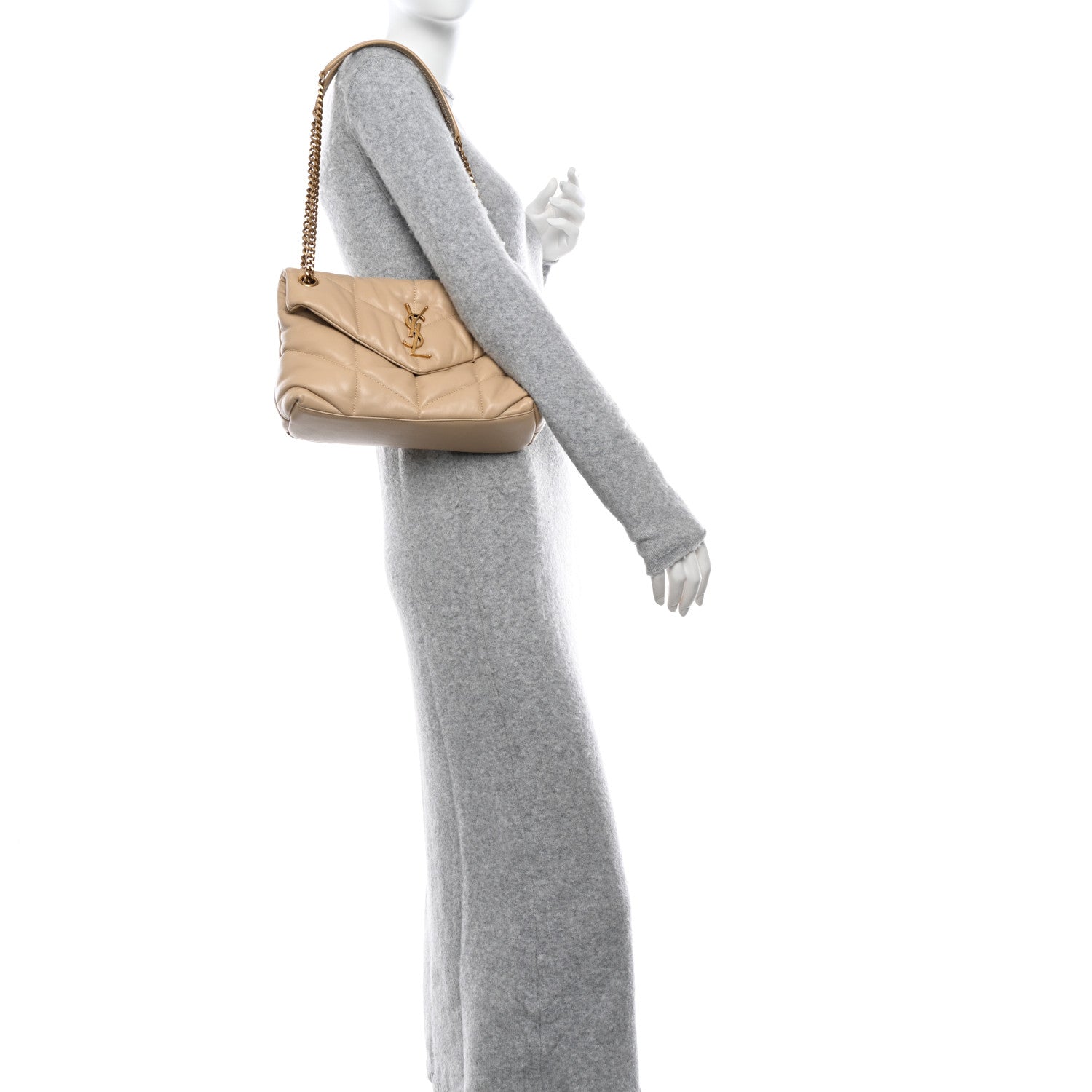 Saint Laurent Lambskin Quilted Small Loulou Puffer Monogram Chain Satchel Dark Beige 2 of 10