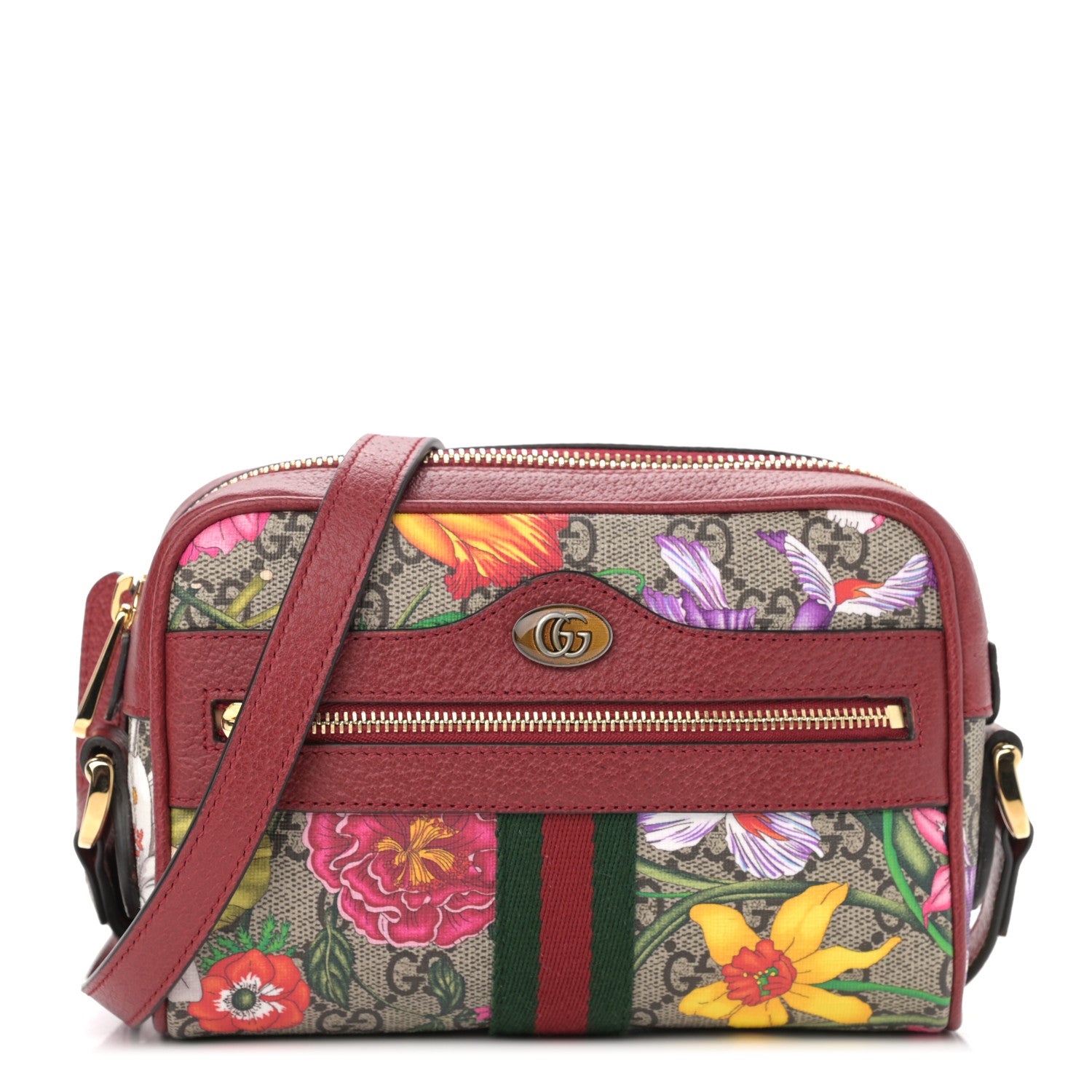 Gucci GG Supreme Monogram Flora Web Mini Ophidia Shoulder Bag Red 1 of 13