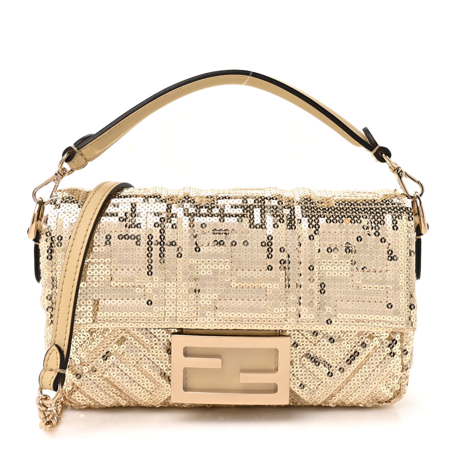 Ricamo Sequin Paillettes Vitello Grace FF Mini Baguette Oro Chiaro