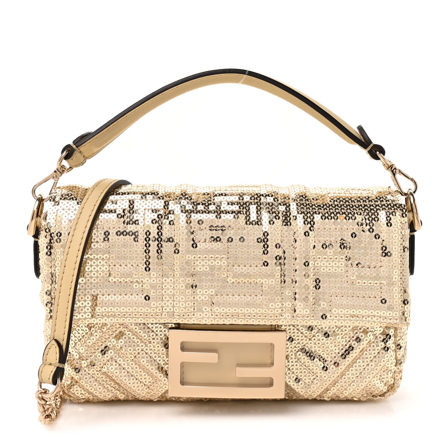 Fendi Ricamo Sequin Paillettes Vitello Grace FF Mini Baguette Oro Chiaro 1 of 10