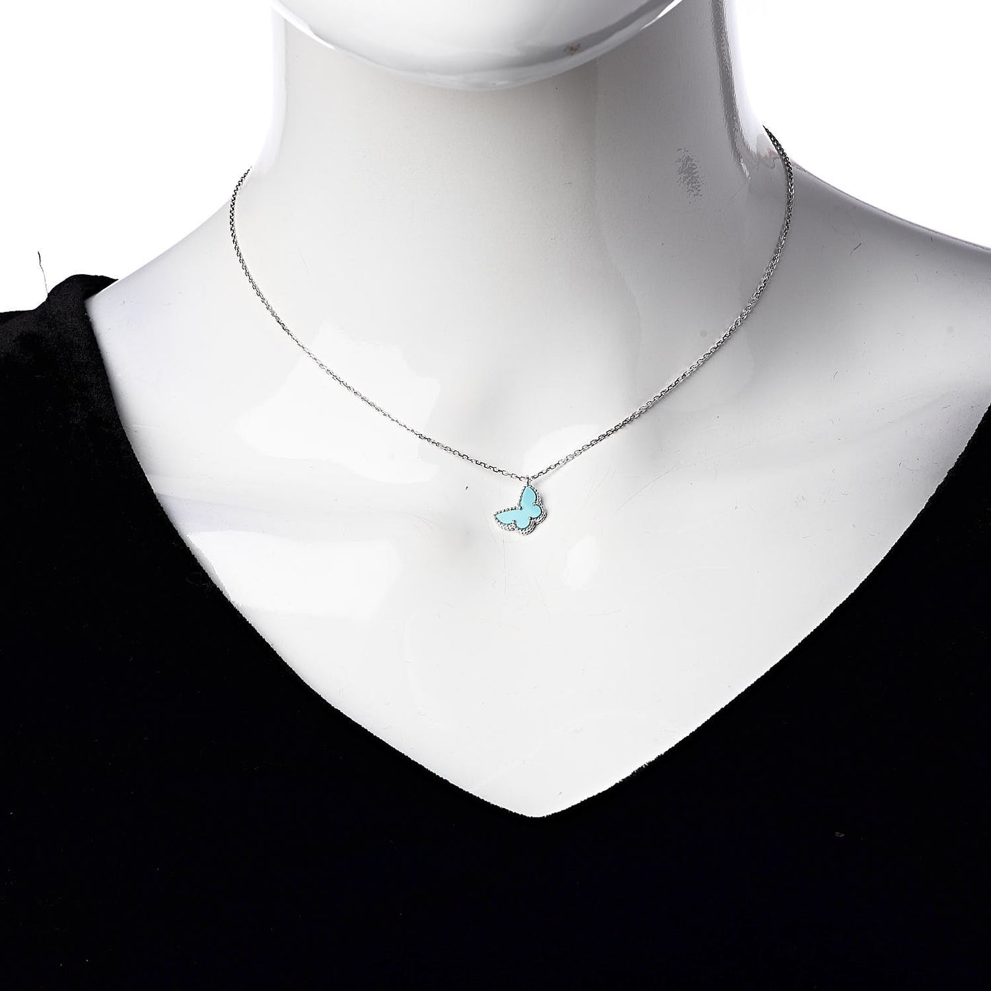 18K White Gold Turquoise Sweet Alhambra Butterfly Pendant Necklace