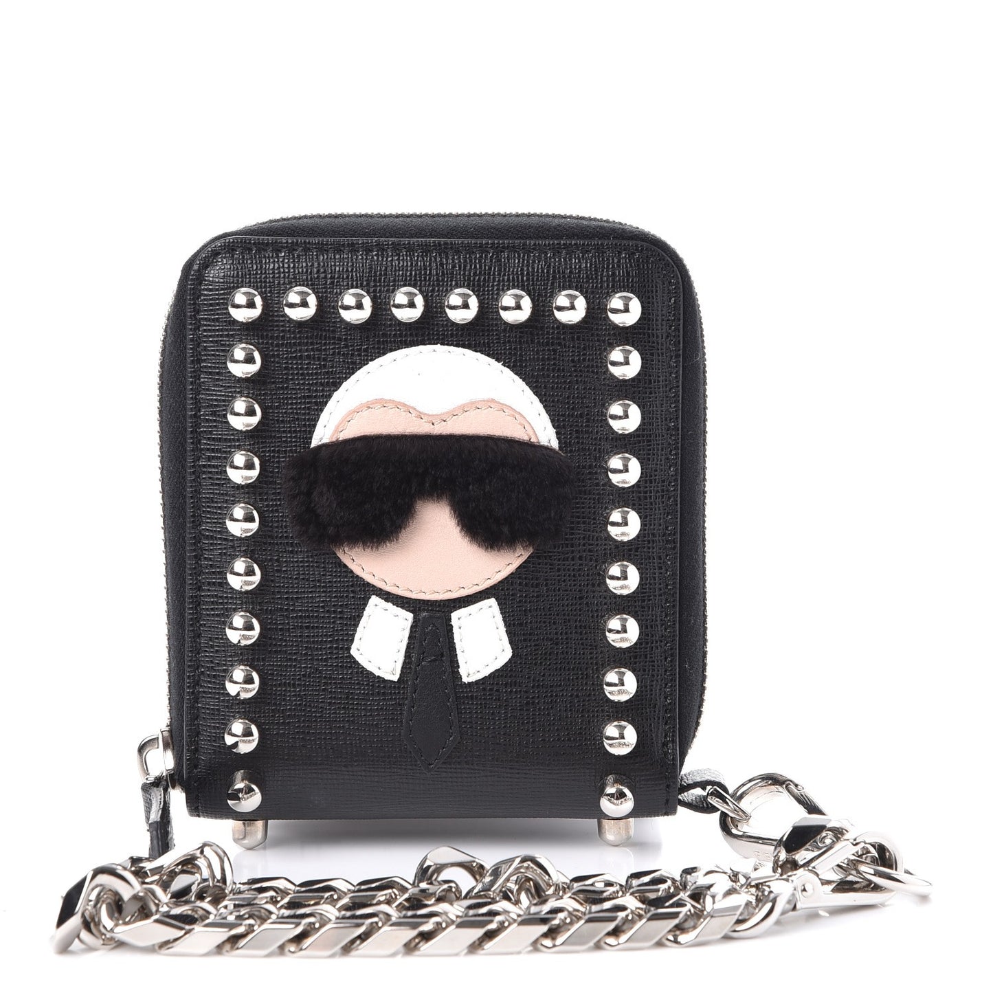 Vitello Elite Flamingo Mink Karlito Studded Zip Around Chain Wallet Black White Plaster
