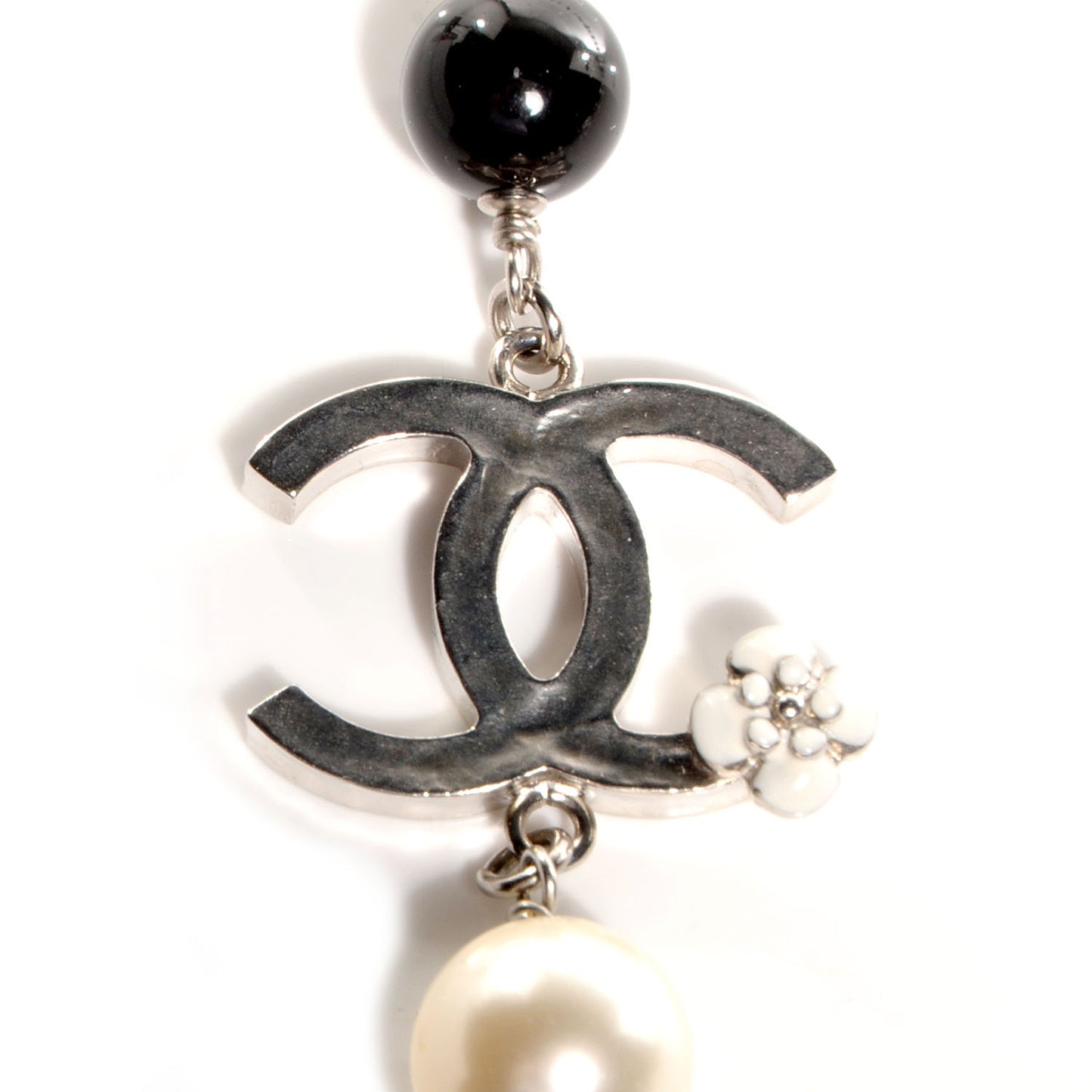 Beaded Globe Pearl CC Long Necklace Silver