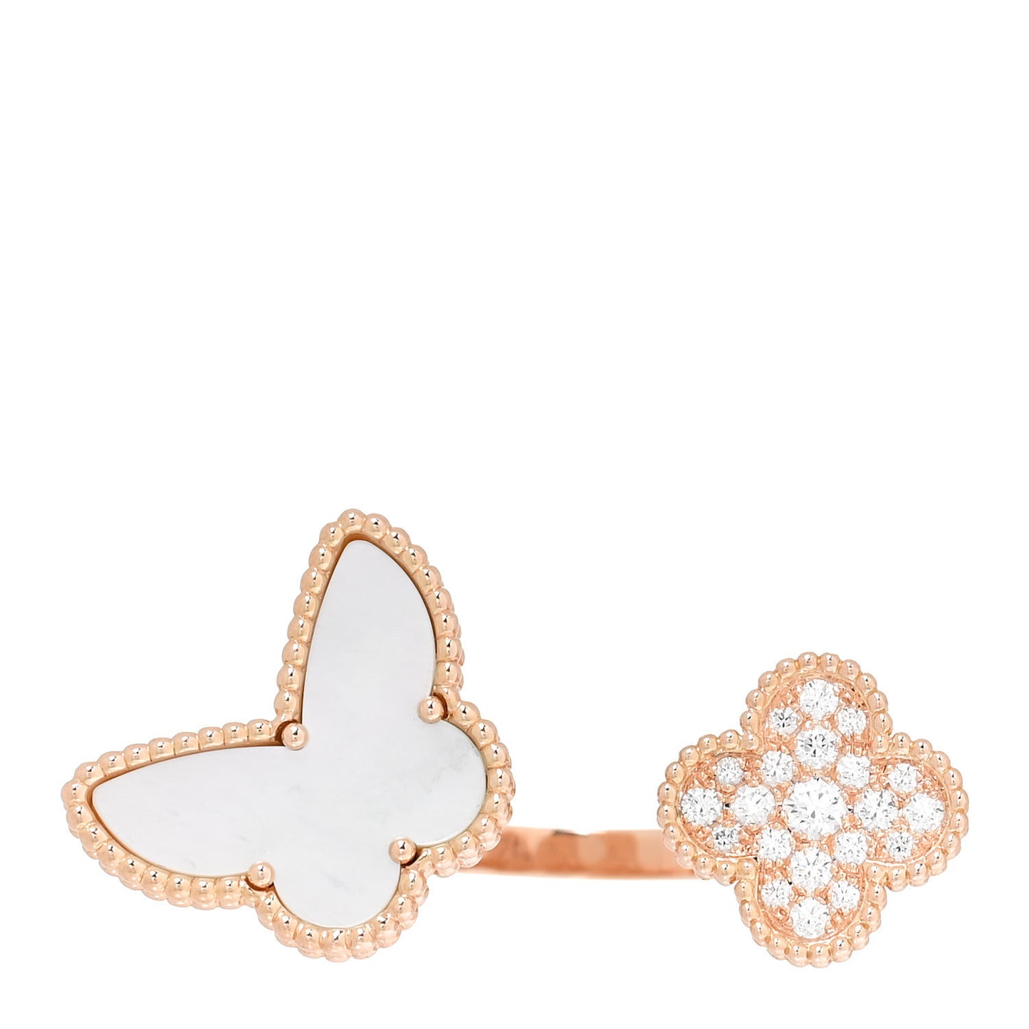 18K Rose Gold Diamond Mother of Pearl Lucky Butterfly Between The Finger Ring 10 62