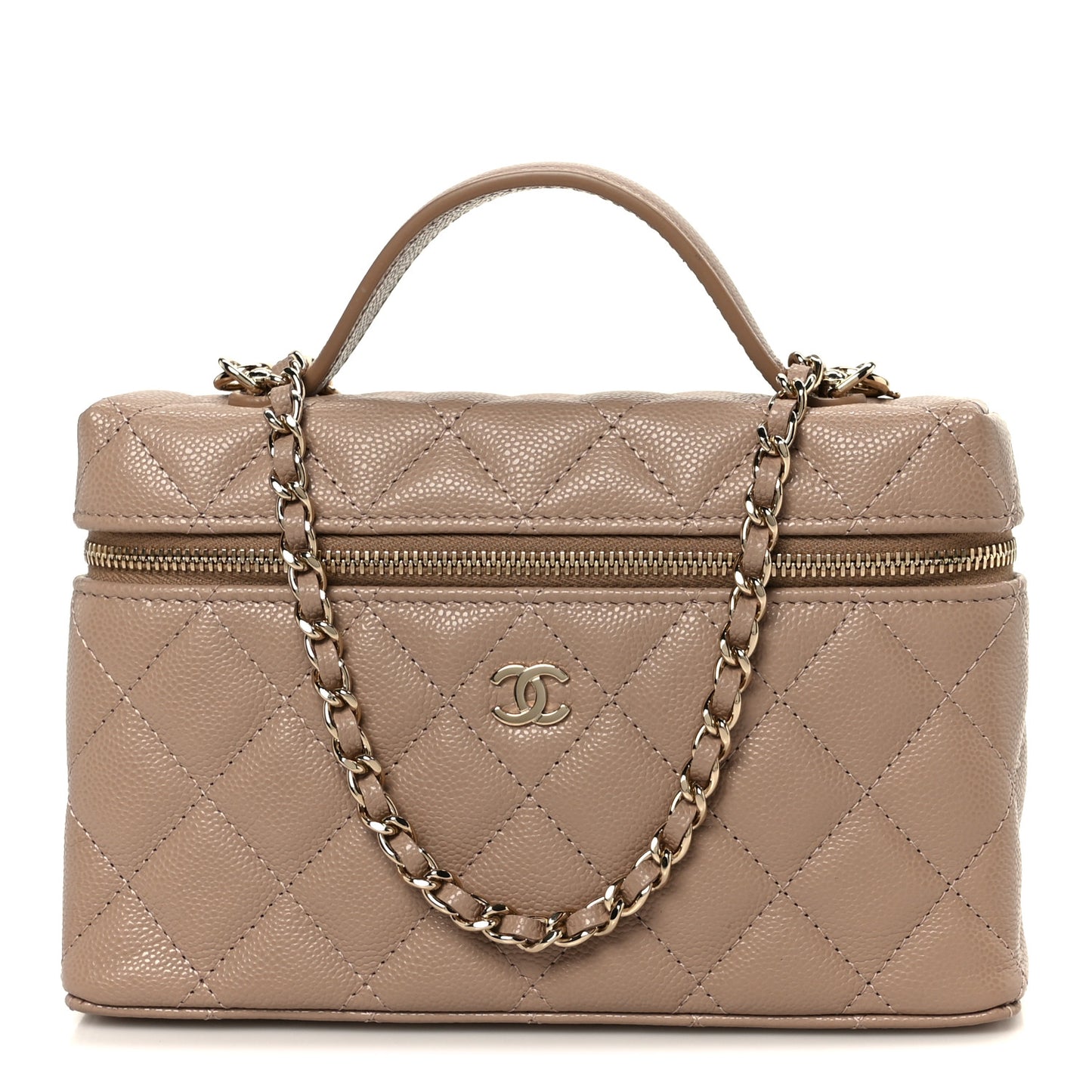 Caviar Quilted Top Handle Slim Vanity With Chain Dark Beige