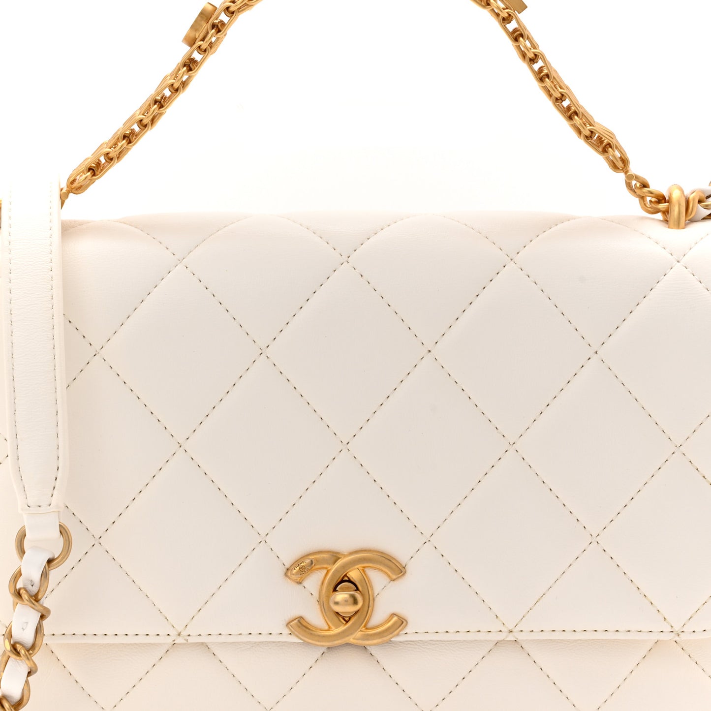 Lambskin Quilted CC Crystal Logo Chain Flap White