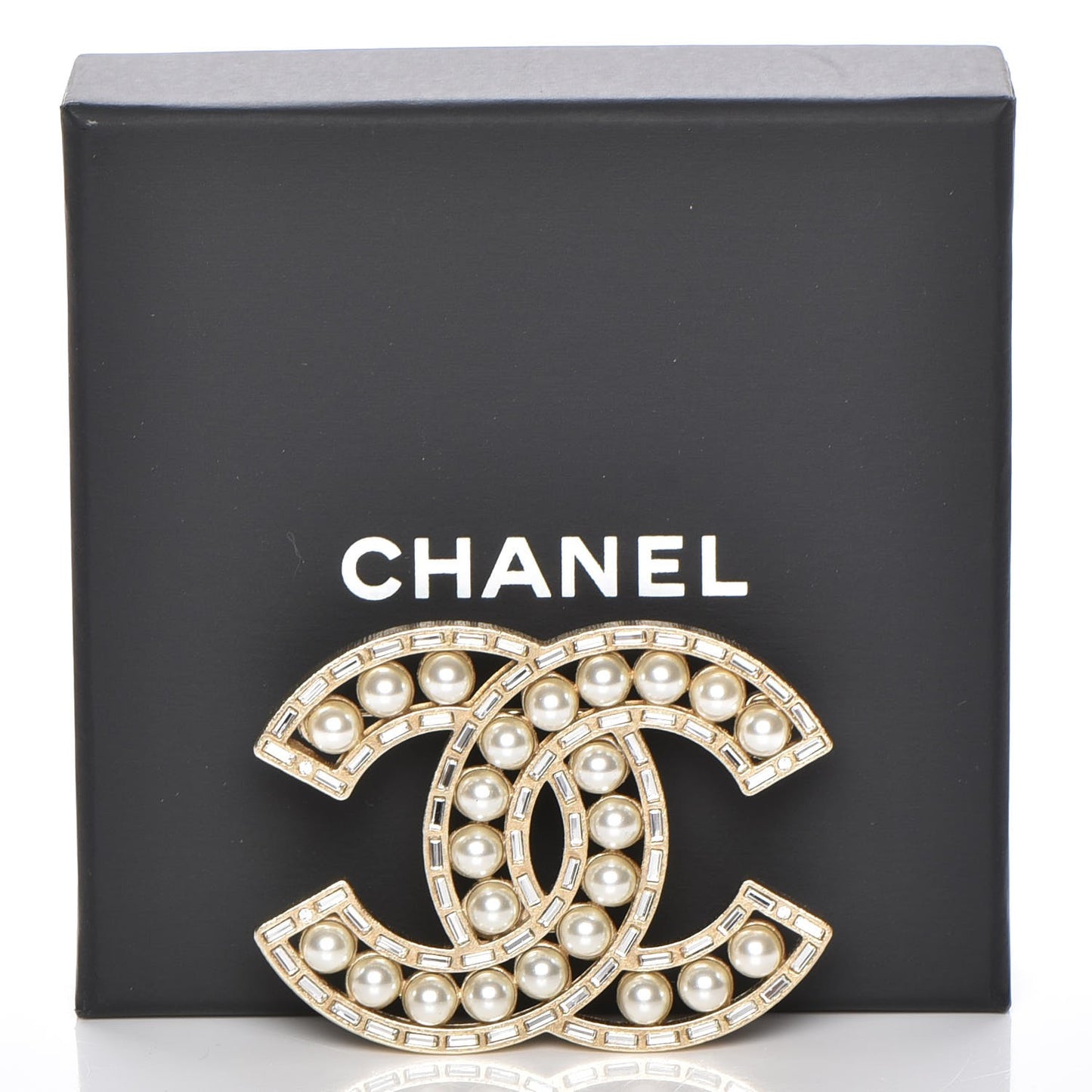 Pearl Crystal Baguette CC Brooch Gold