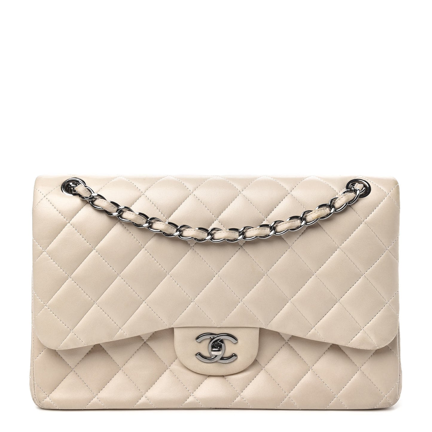 Lambskin Quilted Jumbo Double Flap Beige