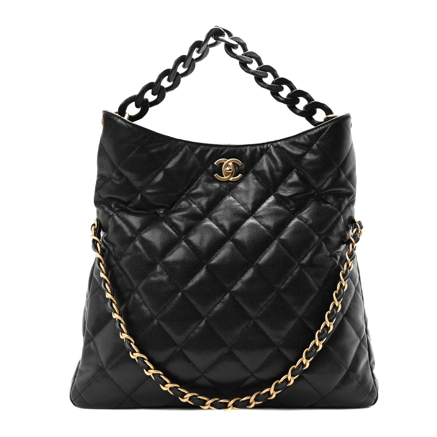 Caviar Quilted Fold Over Hobo Black