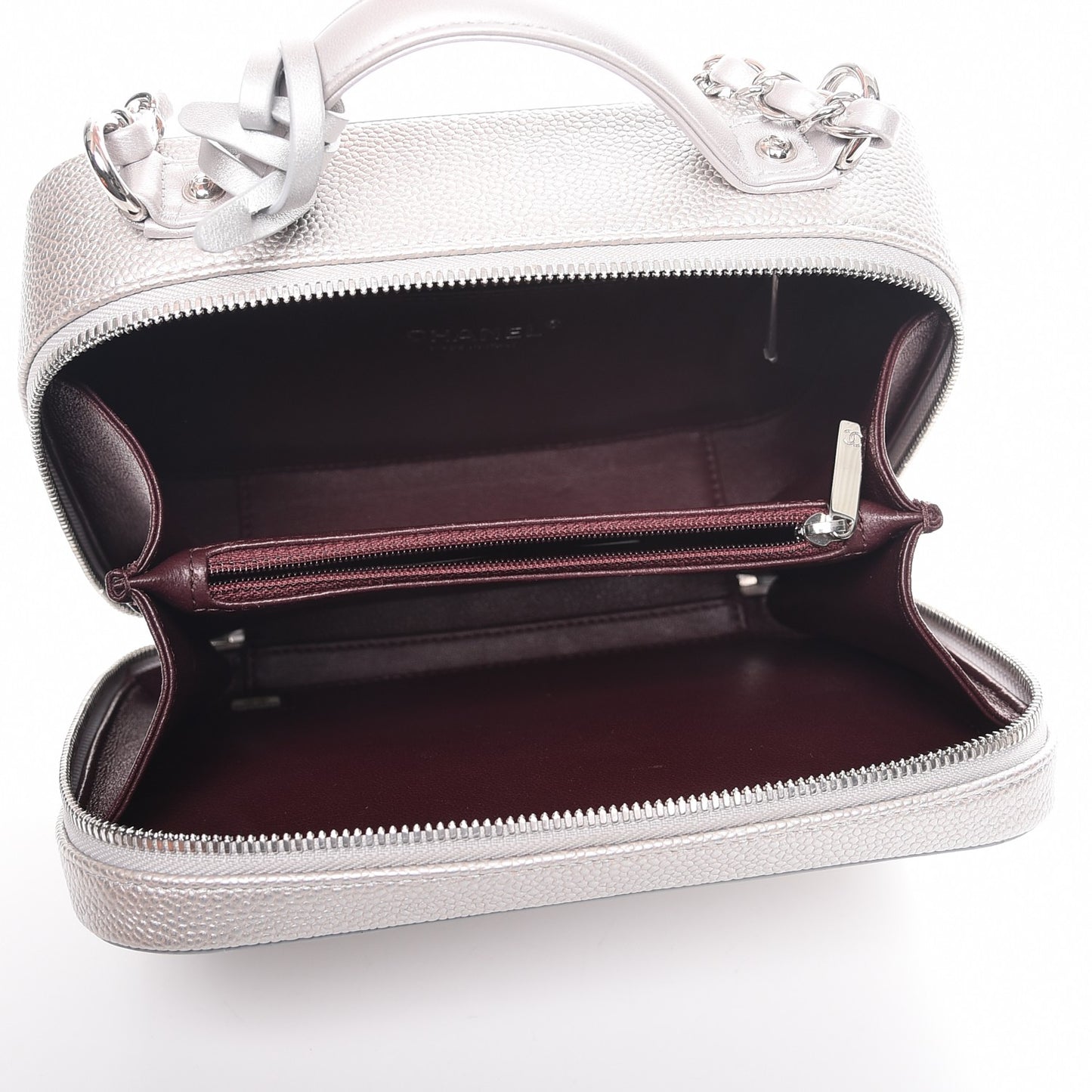 Metallic Caviar Quilted Medium CC Filigree Vanity Case Silver