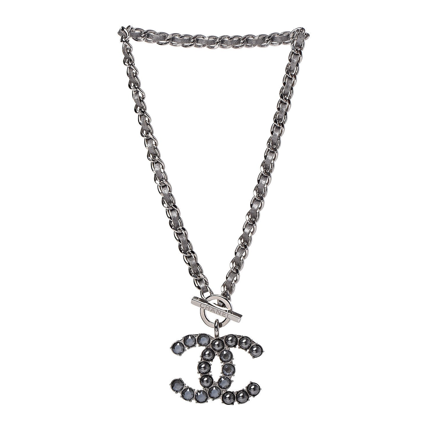 Crystal Beads Lambskin CC Short Necklace Silver