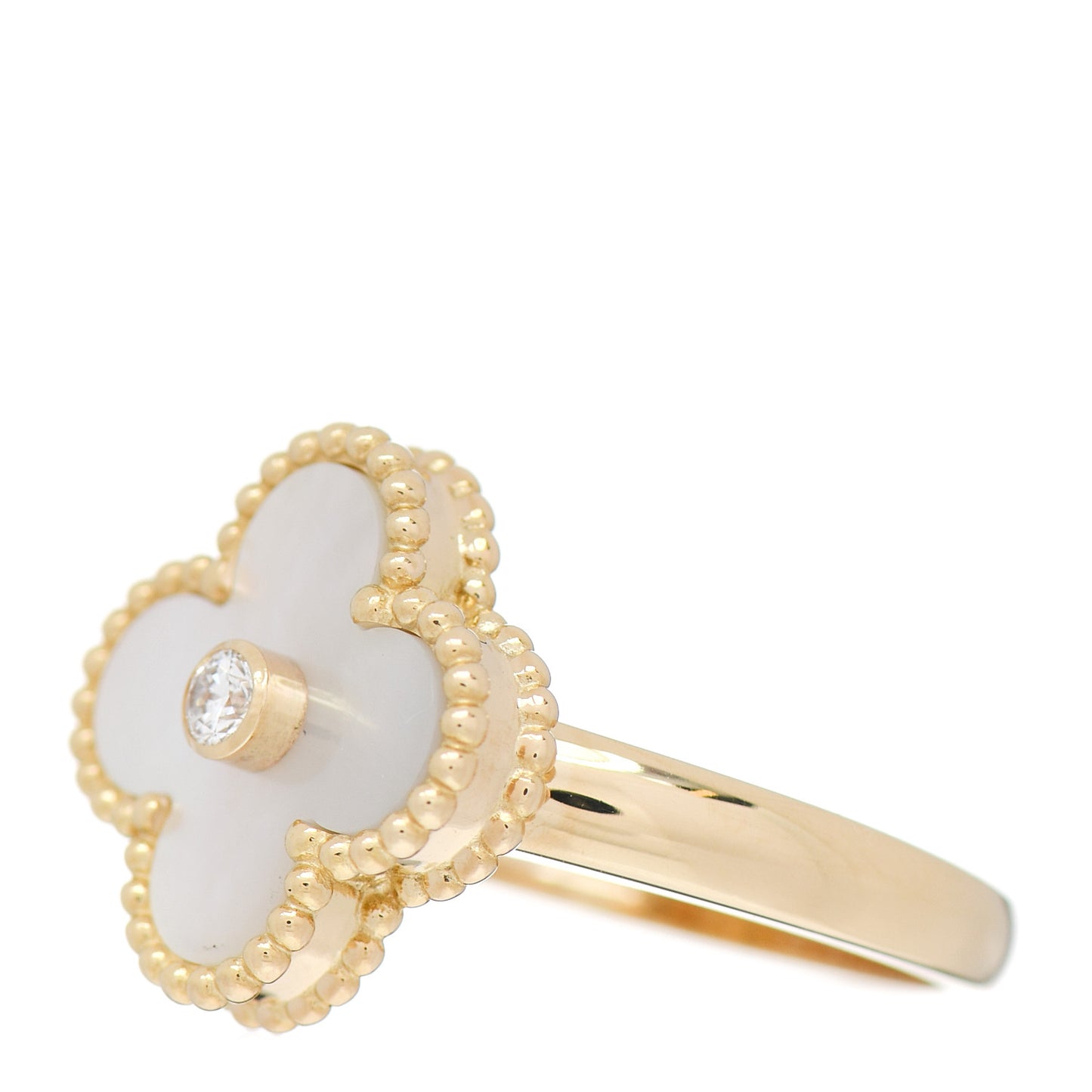 18K Yellow Gold Diamond Mother of Pearl Vintage Alhambra Ring 52 6