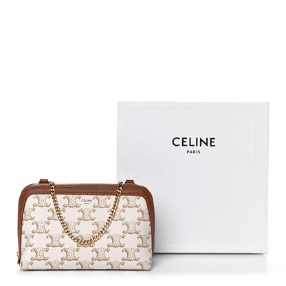 Celine Lambskin Triomphe Canvas Clutch With Chain White Tan 10 of 10
