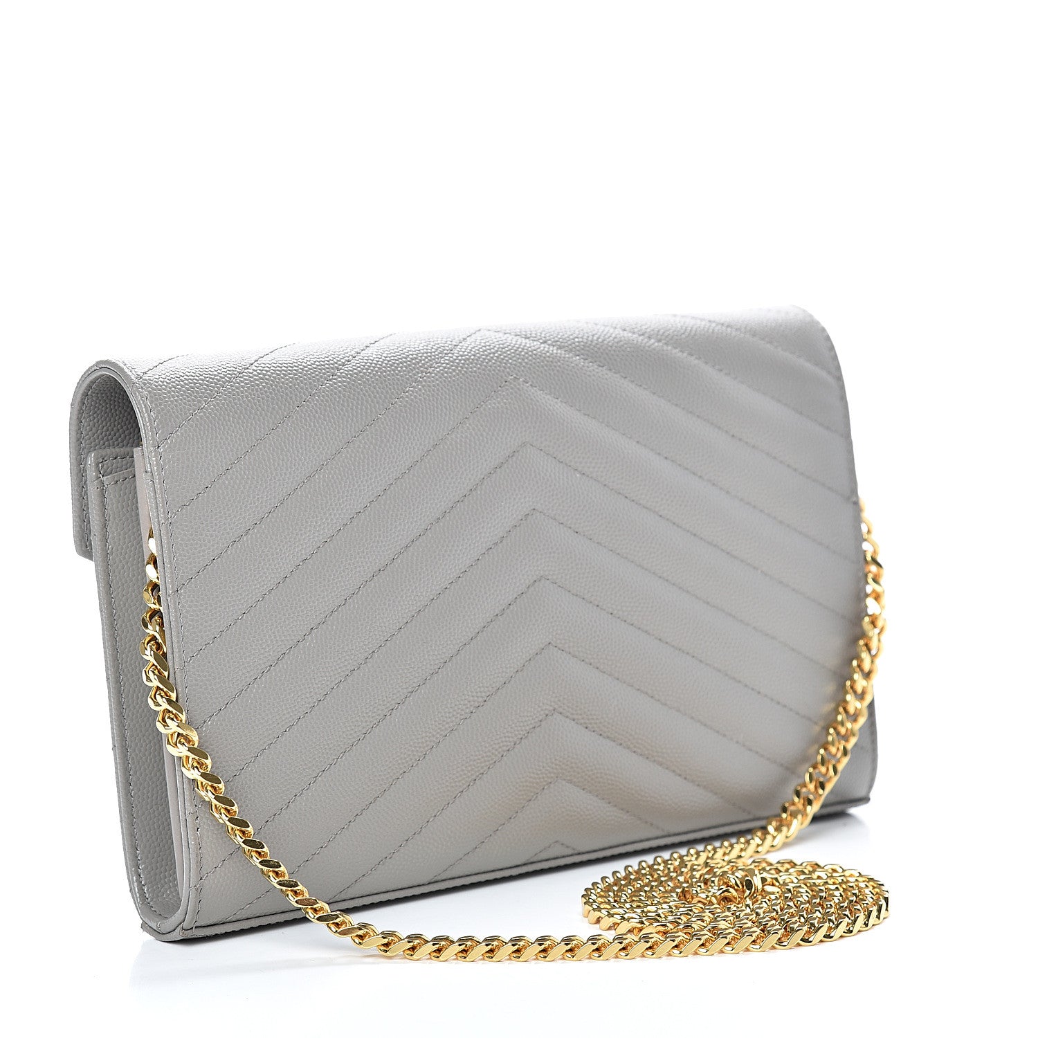 Saint Laurent Grain De Poudre Matelasse Chevron Monogram Chain Wallet Oyster Grey 2 of 13