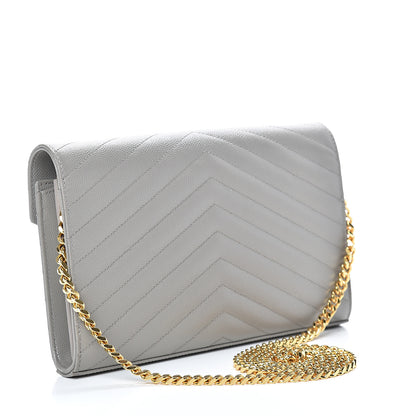 Saint Laurent Grain De Poudre Matelasse Chevron Monogram Chain Wallet Oyster Grey 2 of 13