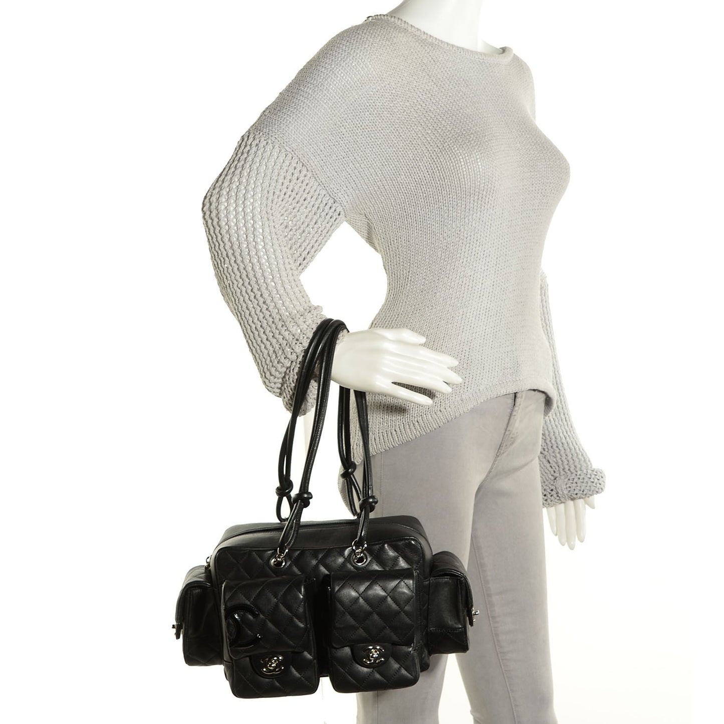 Calfskin Quilted Small Cambon Multipocket Reporter Black White