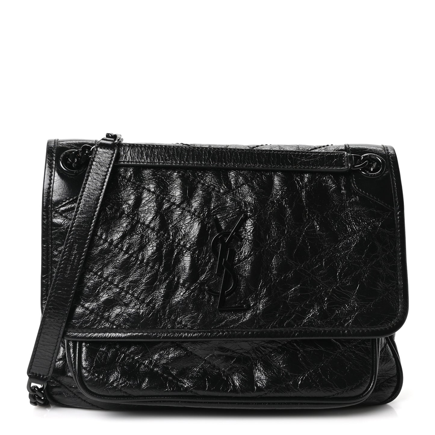 Crinkled Calfskin Matelasse Monogram Medium Niki Chain Satchel Black