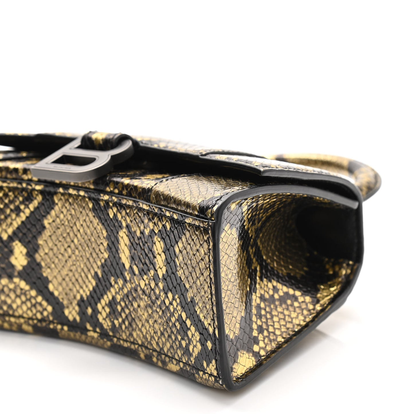 Shiny Calfskin Snakeskin Embossed Hourglass Top Handle Bag XS Gold Black