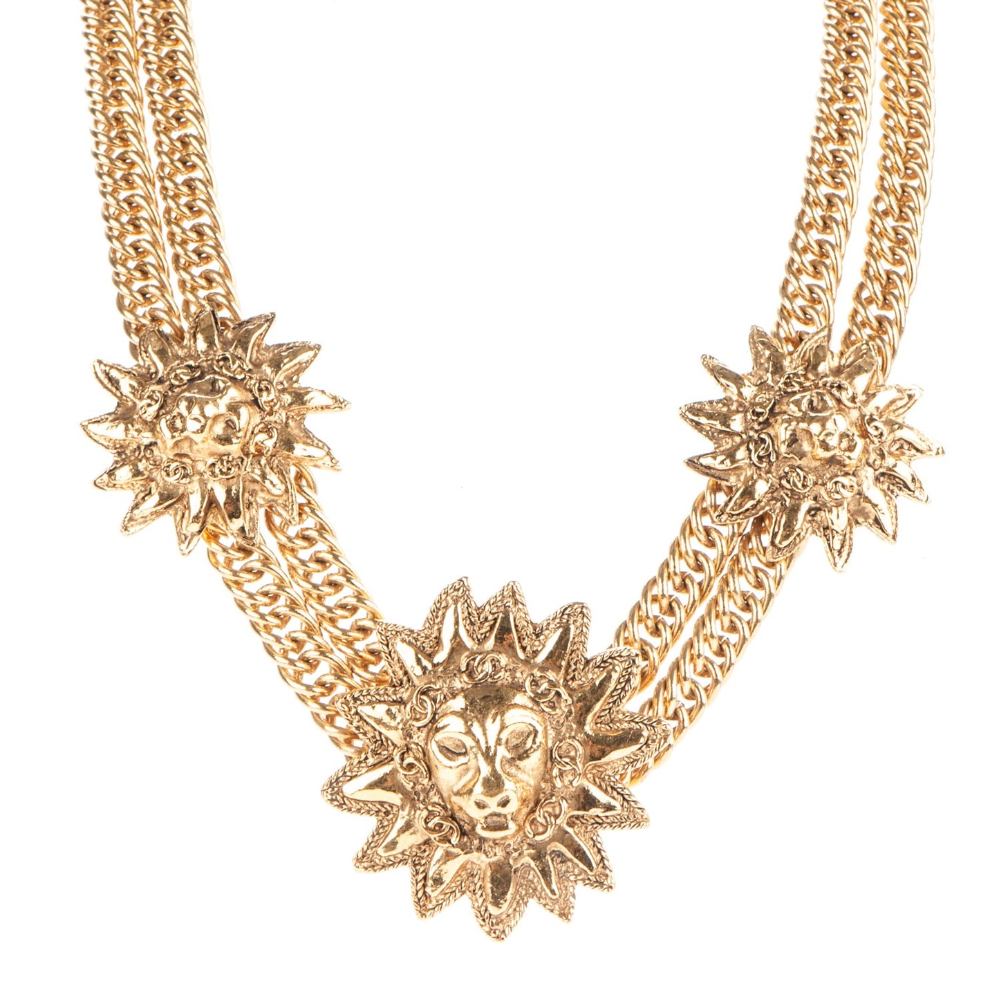 Multi Strand Chain Leo Lion Sun Medallion Necklace Gold