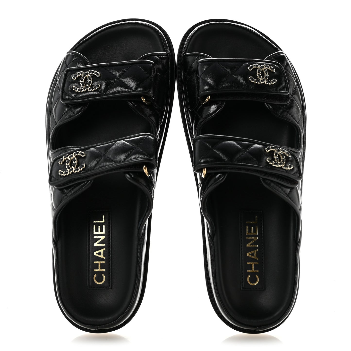 Lambskin Quilted Velcro Dad Chain CC Slide Sandals 37 Black