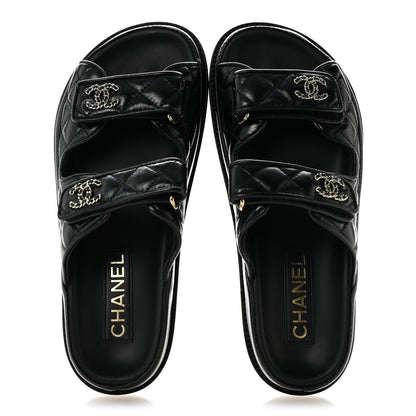 Chanel Lambskin Quilted Velcro Dad Chain CC Slide Sandals 37 Black 2 of 9