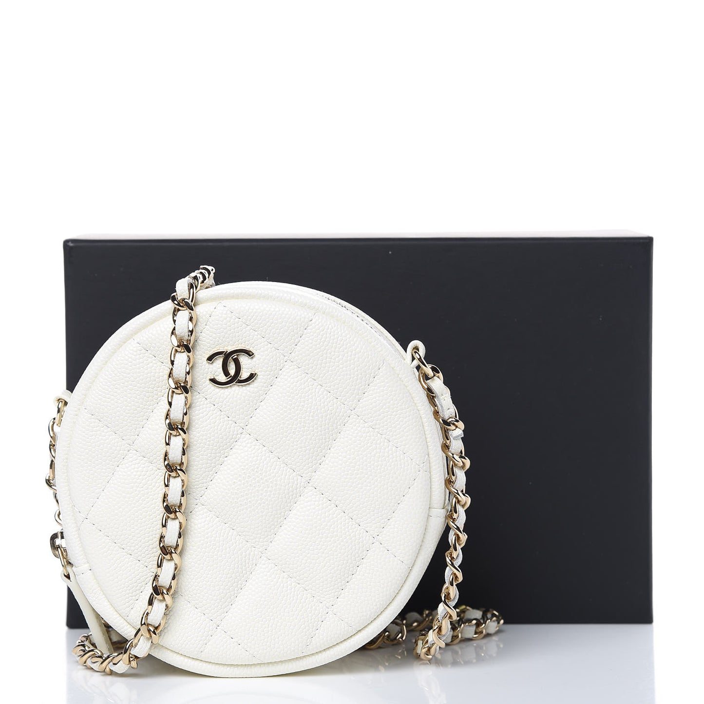Caviar Quilted Round Clutch With Chain White