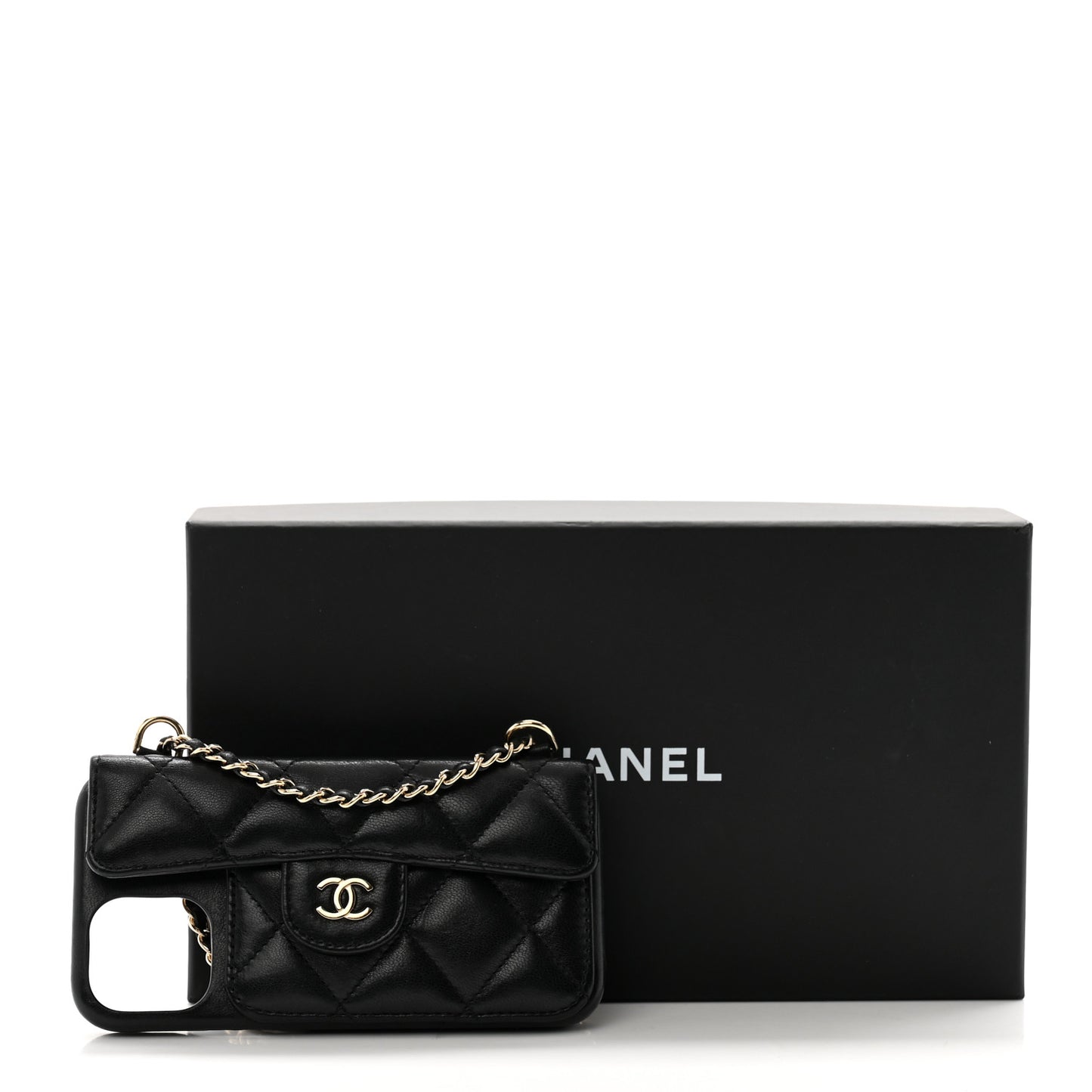 Lambskin Quilted Pearl Crush iPhone XII Pro Holder With Chain Black