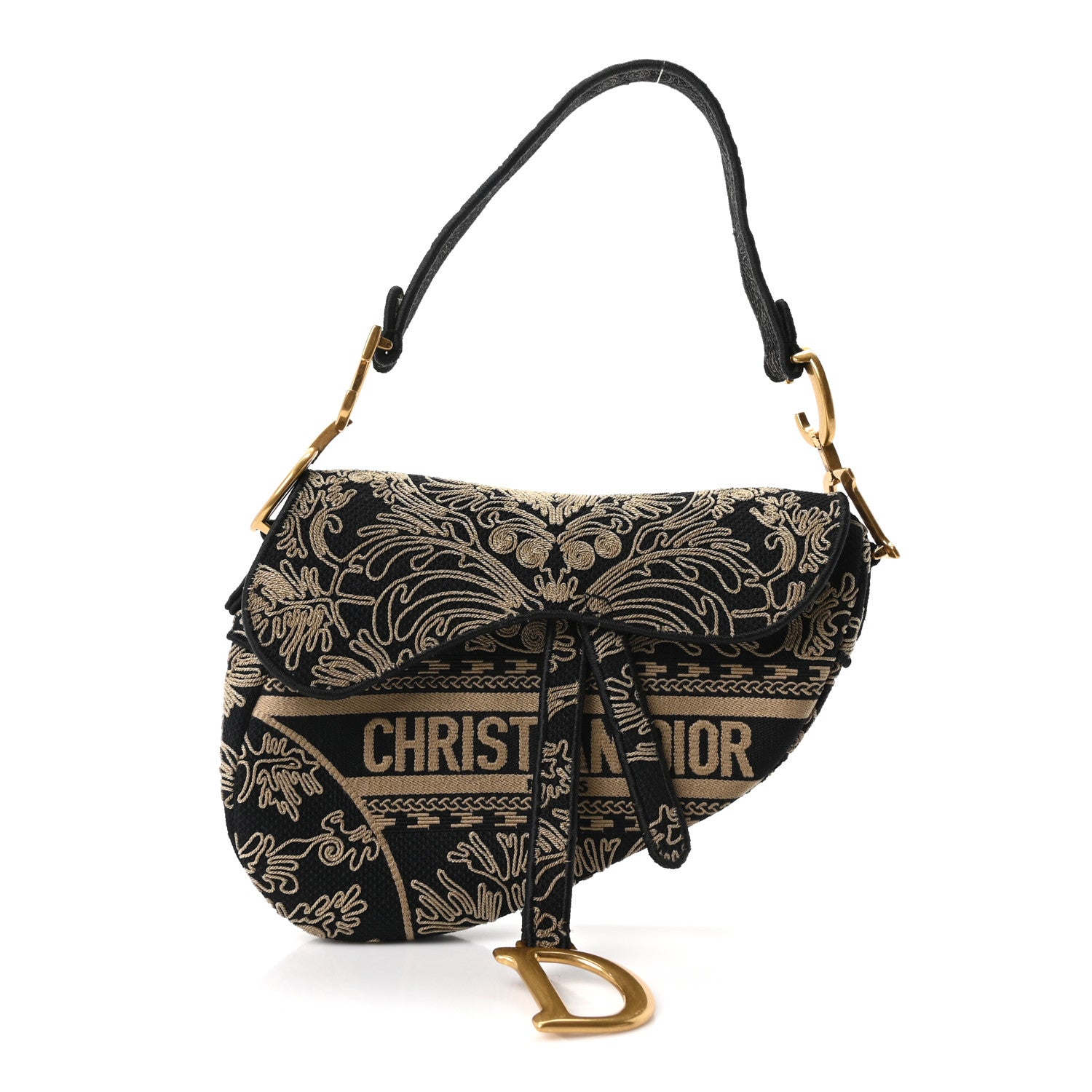 Christian Dior Canvas Embroidered Ornamental Cornely Saddle Bag Black Beige 1 of 11