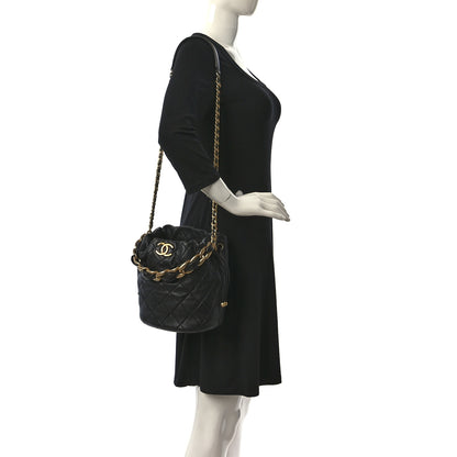 Chanel Shiny Lambskin Quilted Chain Is More Drawstring Bag Black 2 of 9