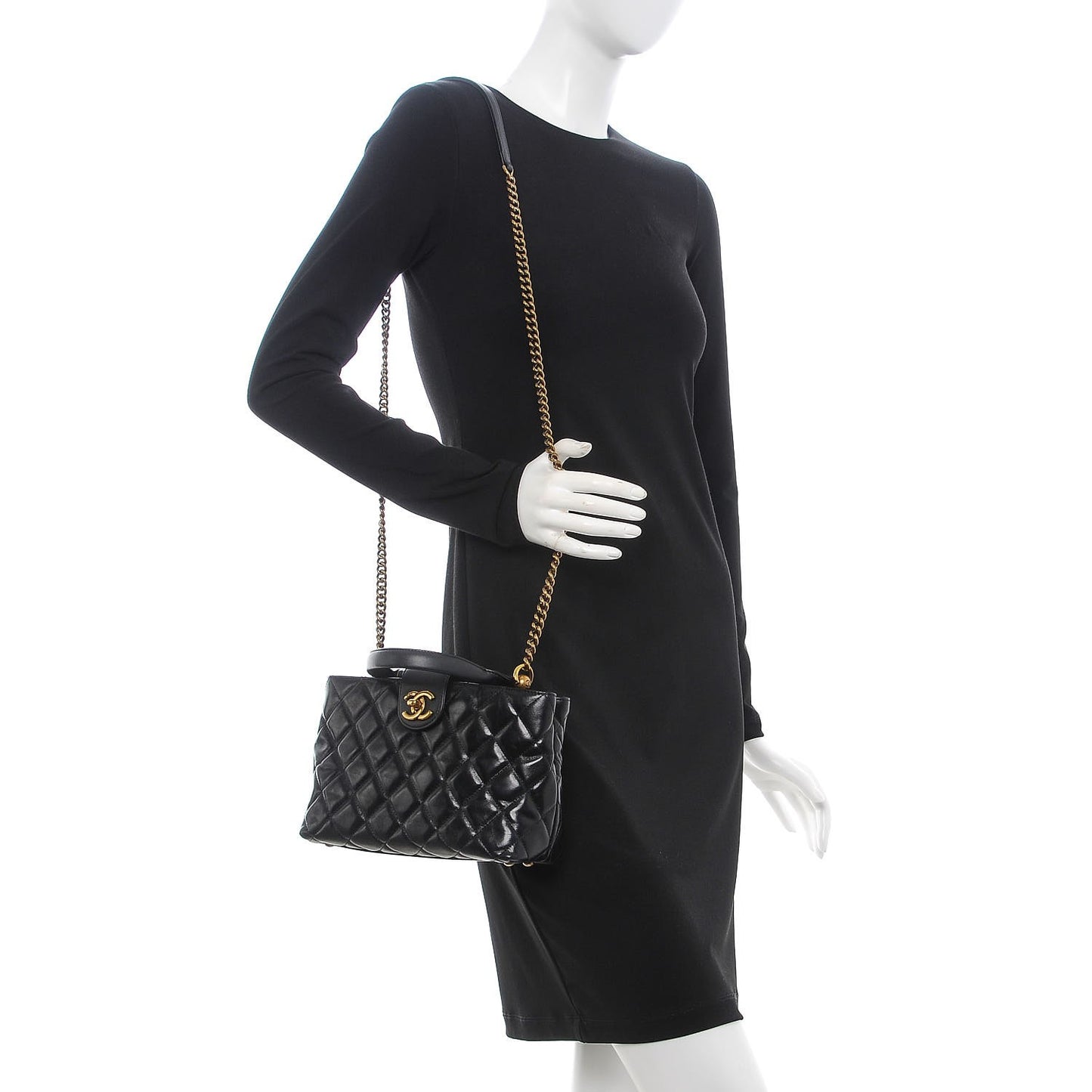 Calfskin Quilted Small Gold Bar Top Handle Tote Black
