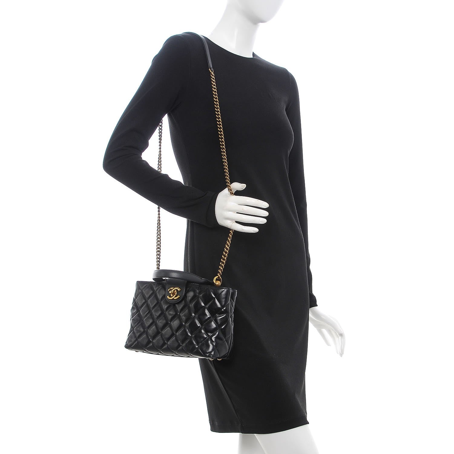 Chanel Calfskin Quilted Small Gold Bar Top Handle Tote Black 2 of 8