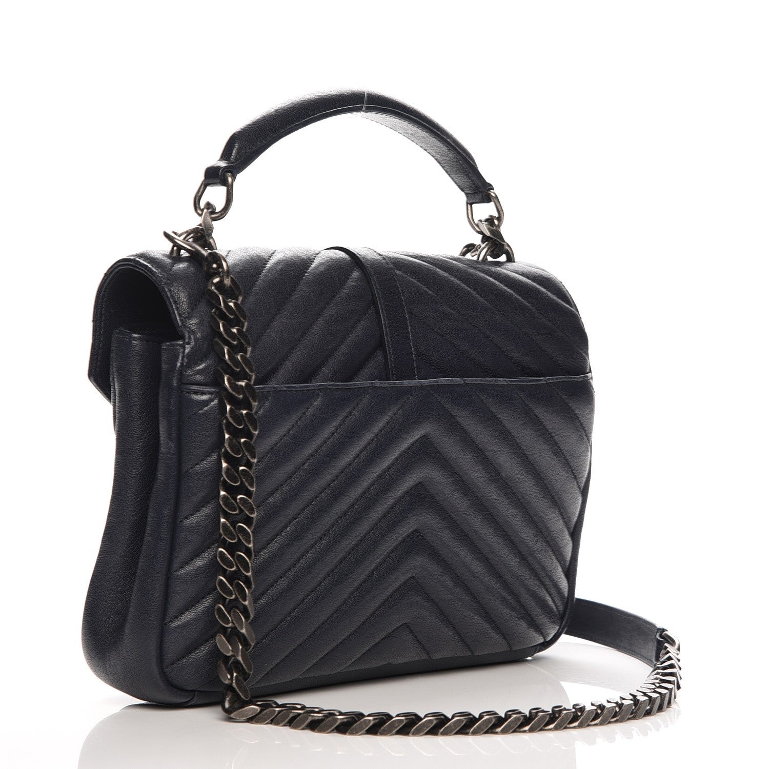 Saint Laurent Sheepskin Matelasse Chevron Monogram Medium College Bag Deep Marine 3 of 7