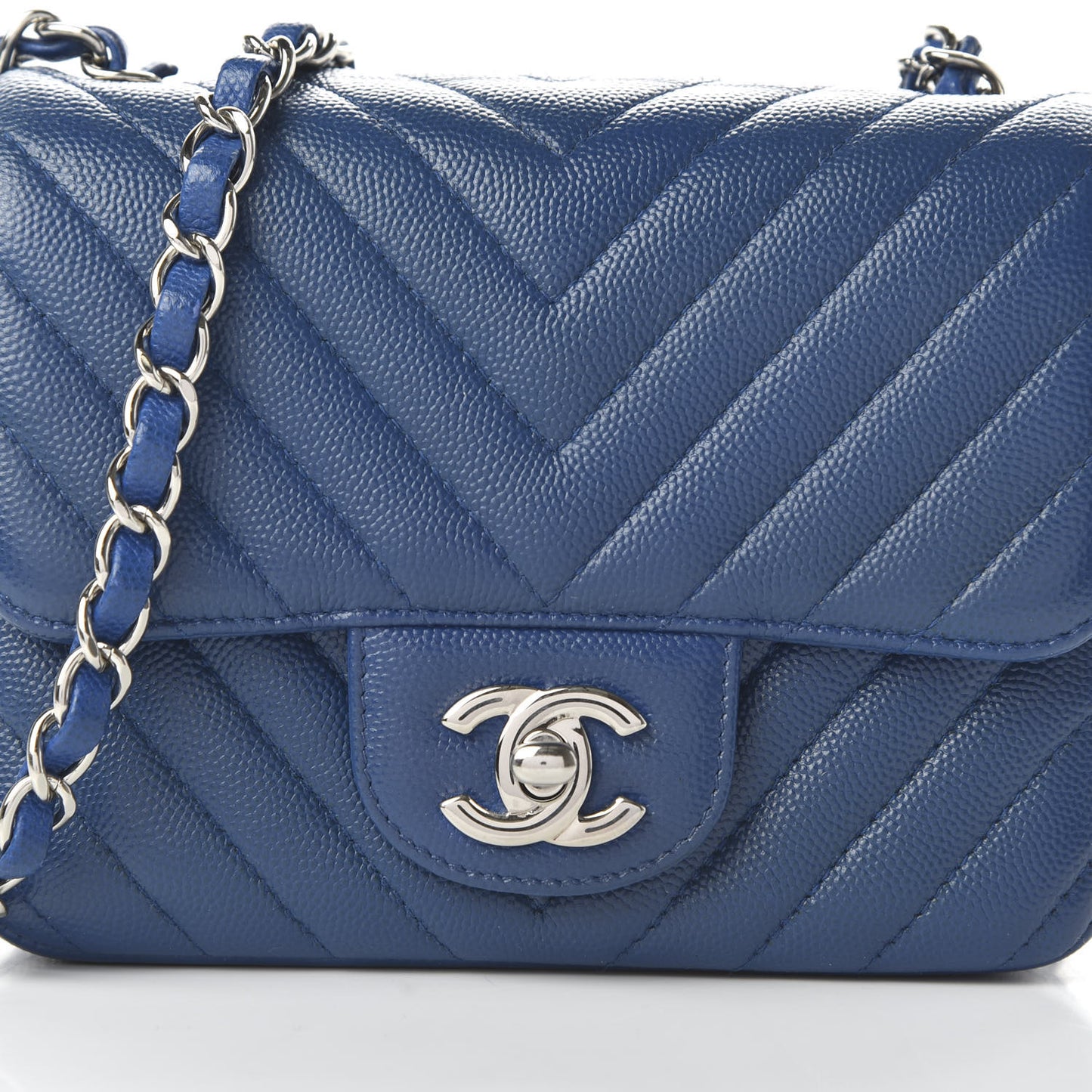 Caviar Chevron Quilted Mini Square Flap Dark Blue