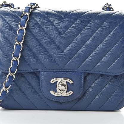 Chanel Caviar Chevron Quilted Mini Square Flap Dark Blue 13 of 14