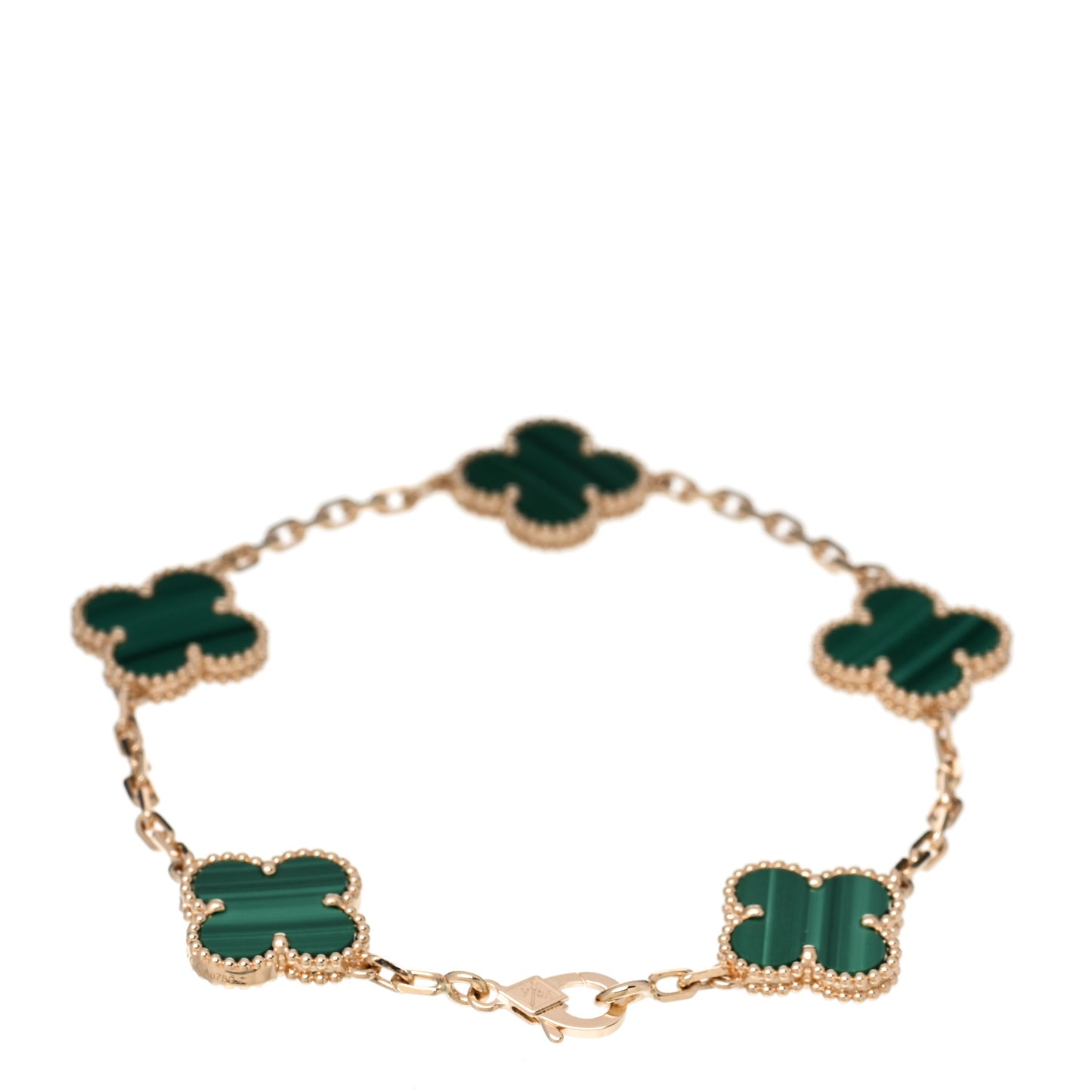 18K Yellow Gold Malachite 5 Motifs Vintage Alhambra Bracelet