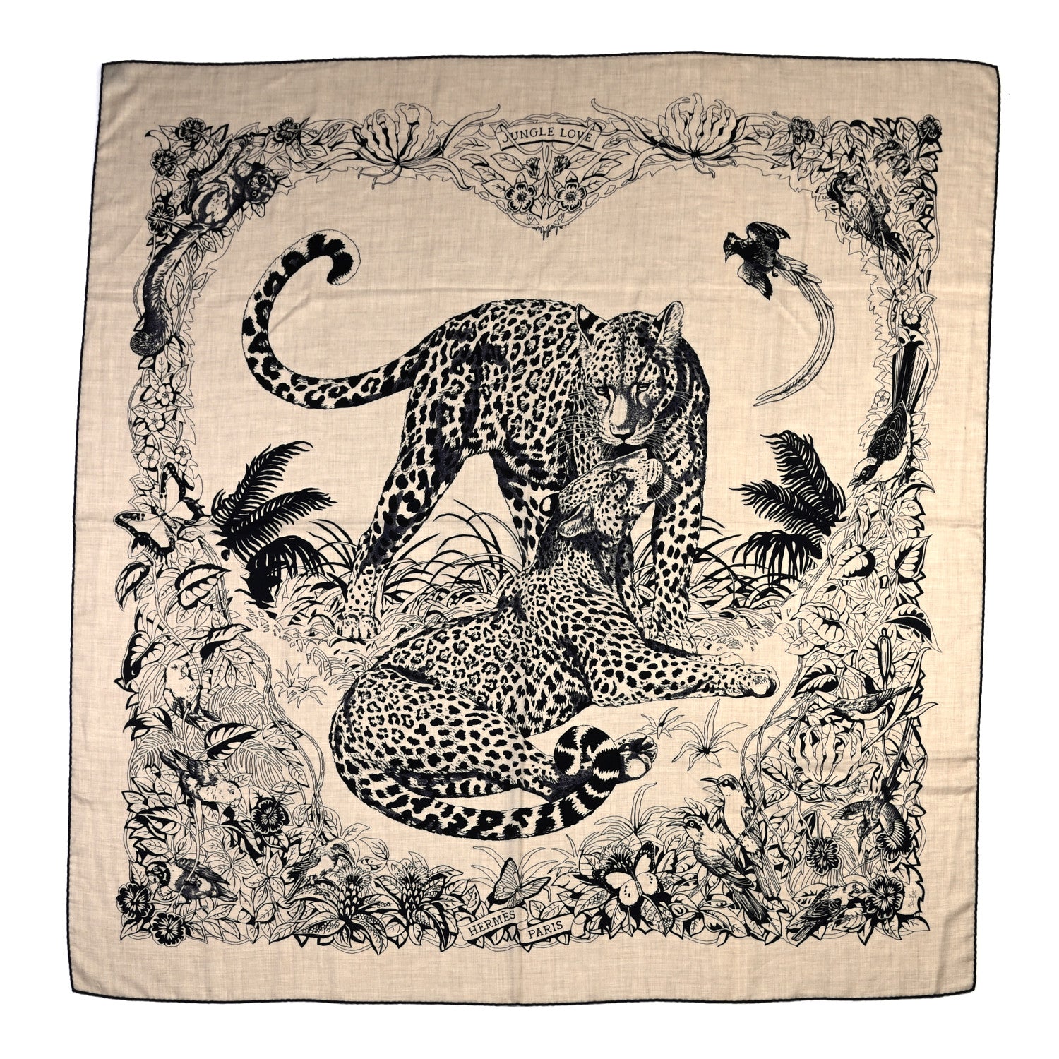 Hermes Cashmere Silk Jungle Love Tattoo Shawl 140 Natural Bleu Black 1 of 7
