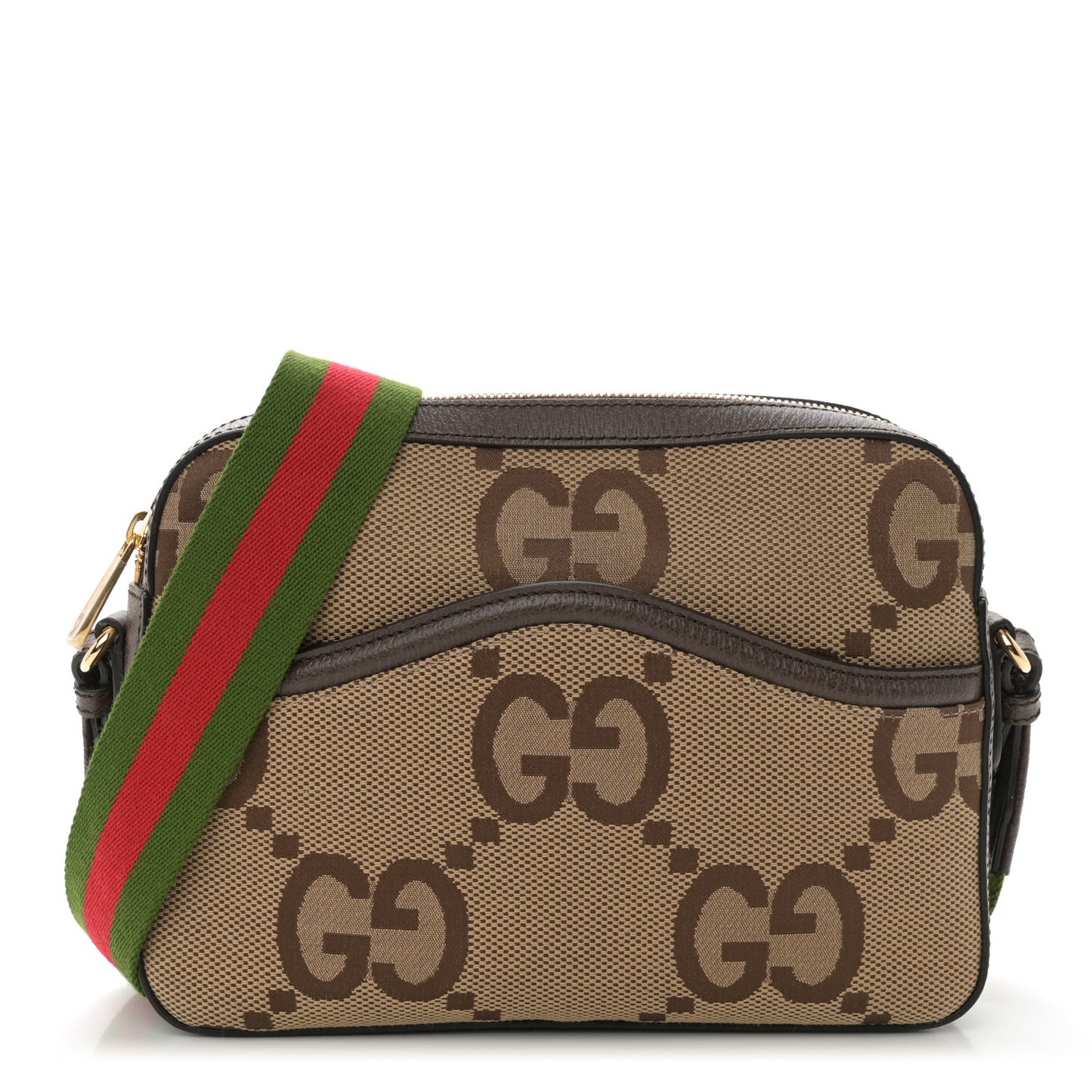 Monogram Jumbo GG Textured Dollar Calfskin Web Messenger Shoulder Bag Camel Ebony New Acero