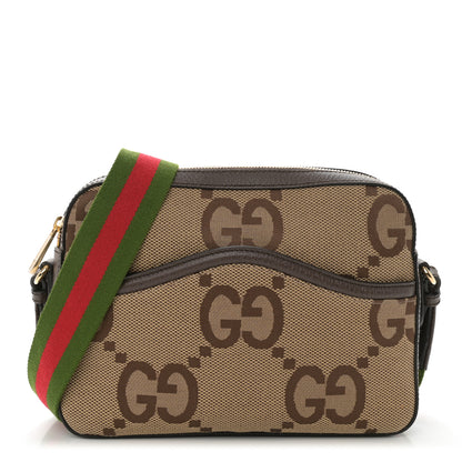 Gucci Monogram Jumbo GG Textured Dollar Calfskin Web Messenger Shoulder Bag Camel Ebony New Acero 1 of 11