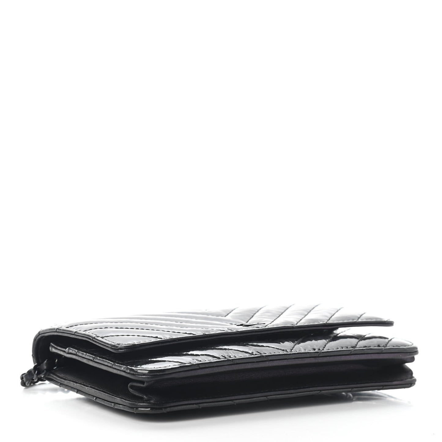 Patent Metallic Crumpled Calfskin Chevron Quilted Wallet On Chain WOC Black