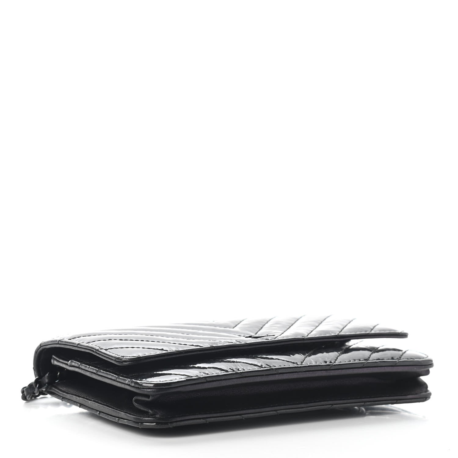 Chanel Patent Metallic Crumpled Calfskin Chevron Quilted Wallet On Chain WOC Black 4 of 10