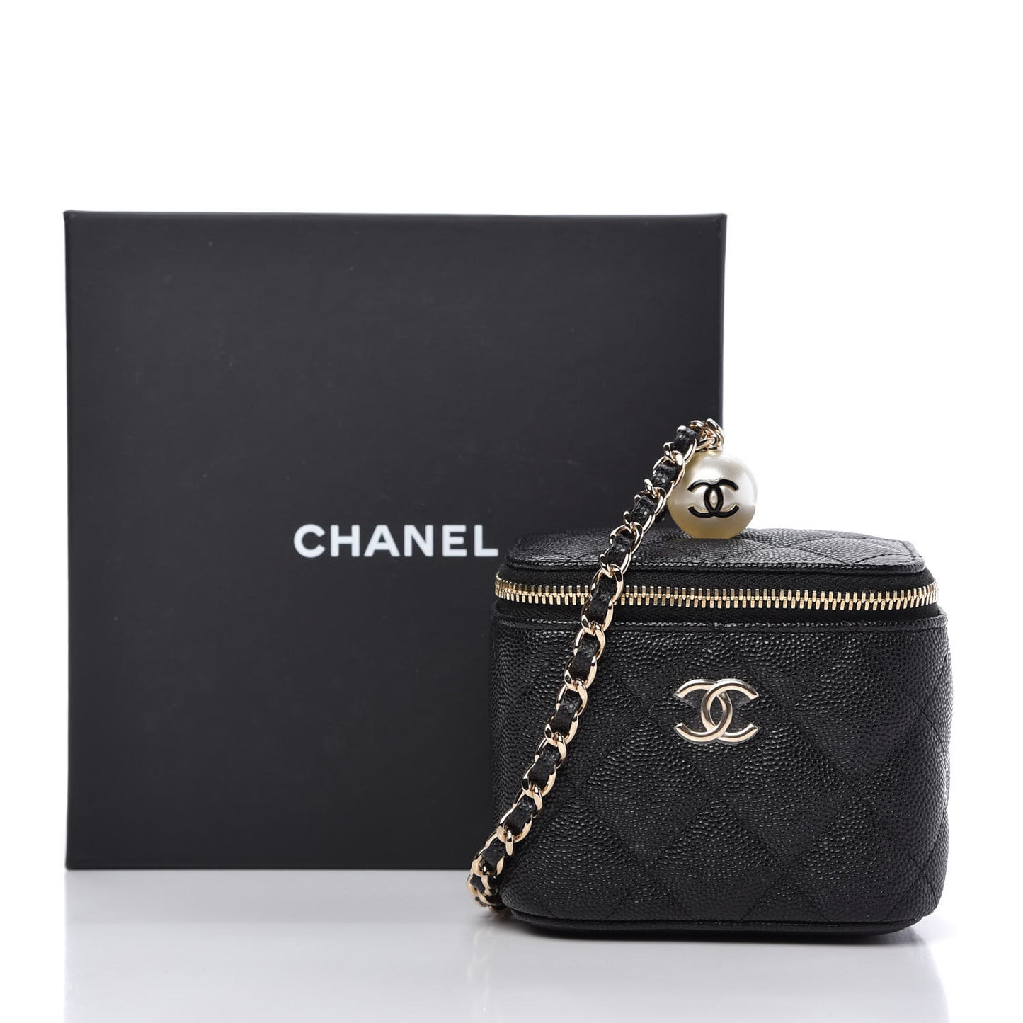 Caviar Quilted Mini Pearl On Top Vanity Case With Chain Black