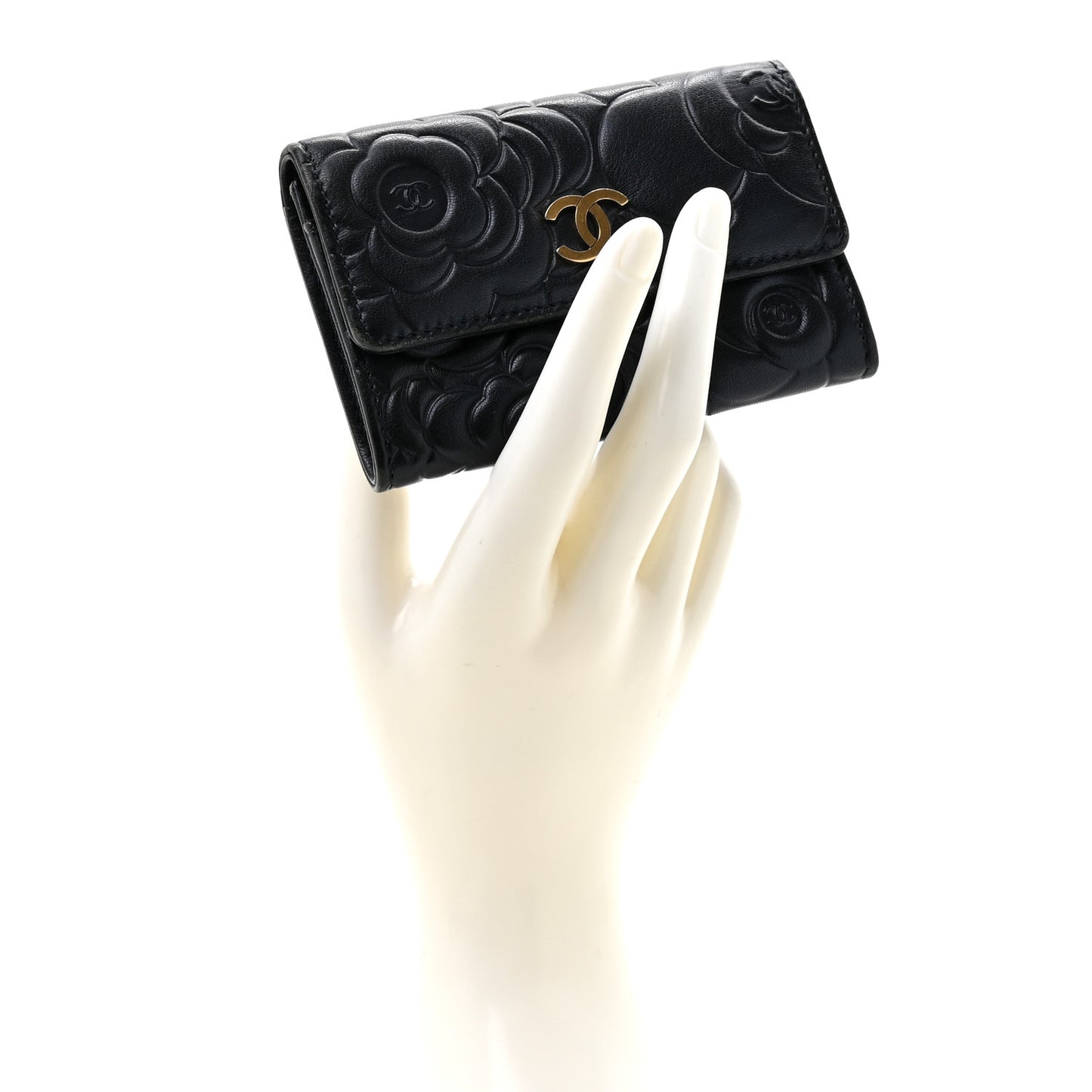 Lambskin Camellia Embossed Flap Card Holder Navy