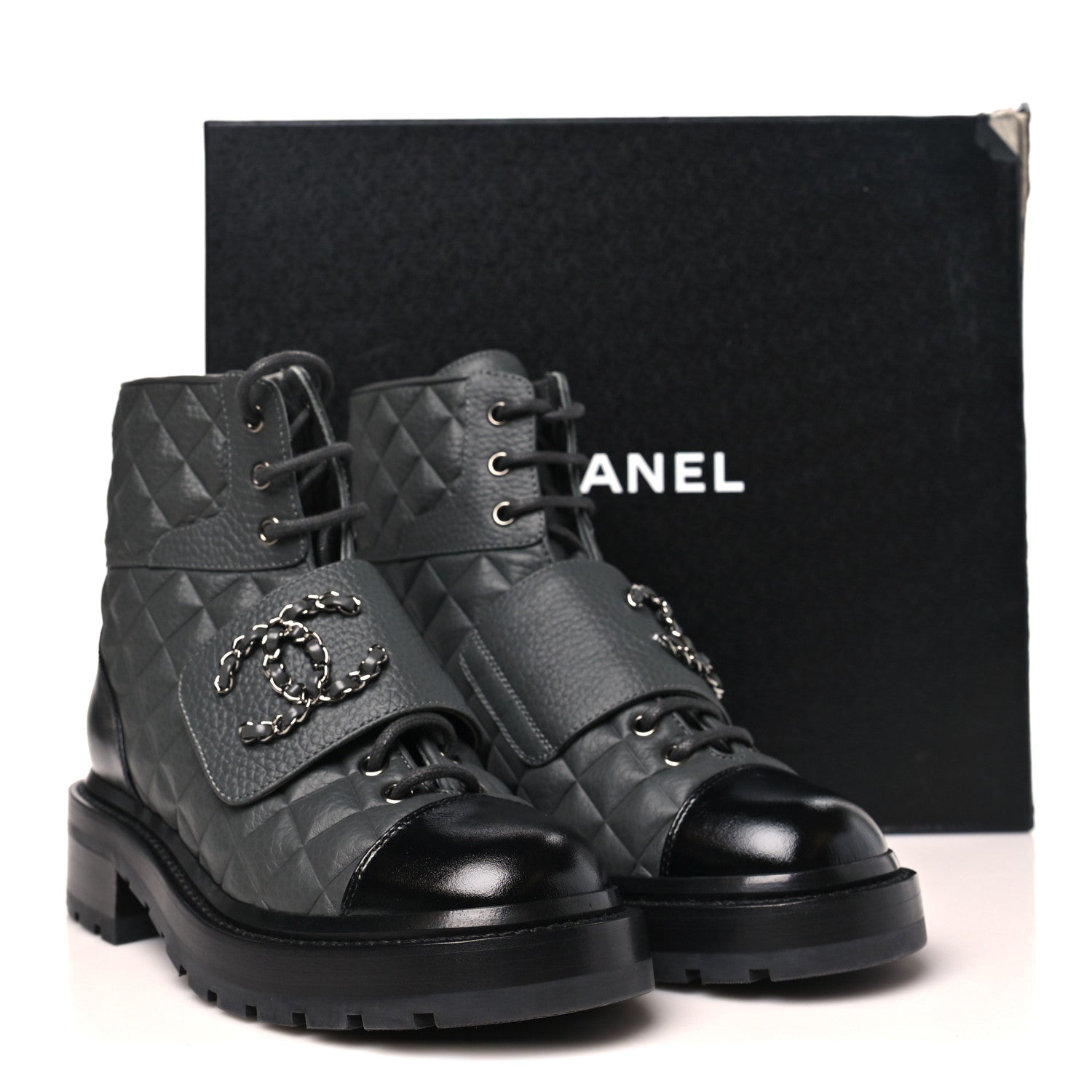 Chanel Calfskin Shiny Calfskin Quilted Lace Up Combat Boots 36 Dark Grey Black 11 of 11